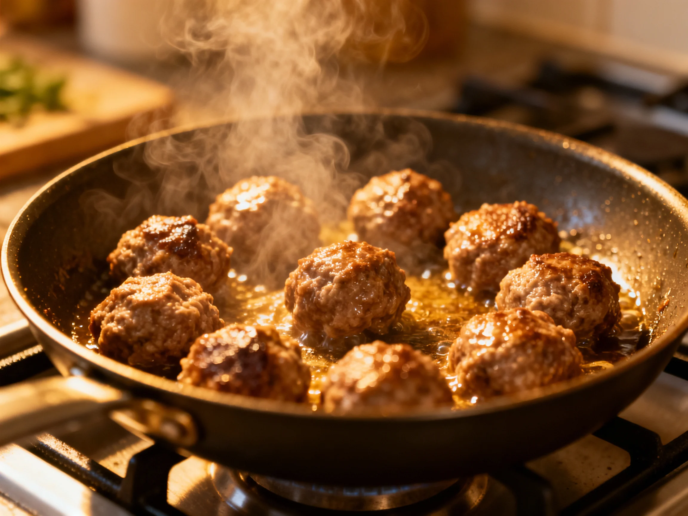 Ten golden-brown meatballs sizzling in a hot skillet