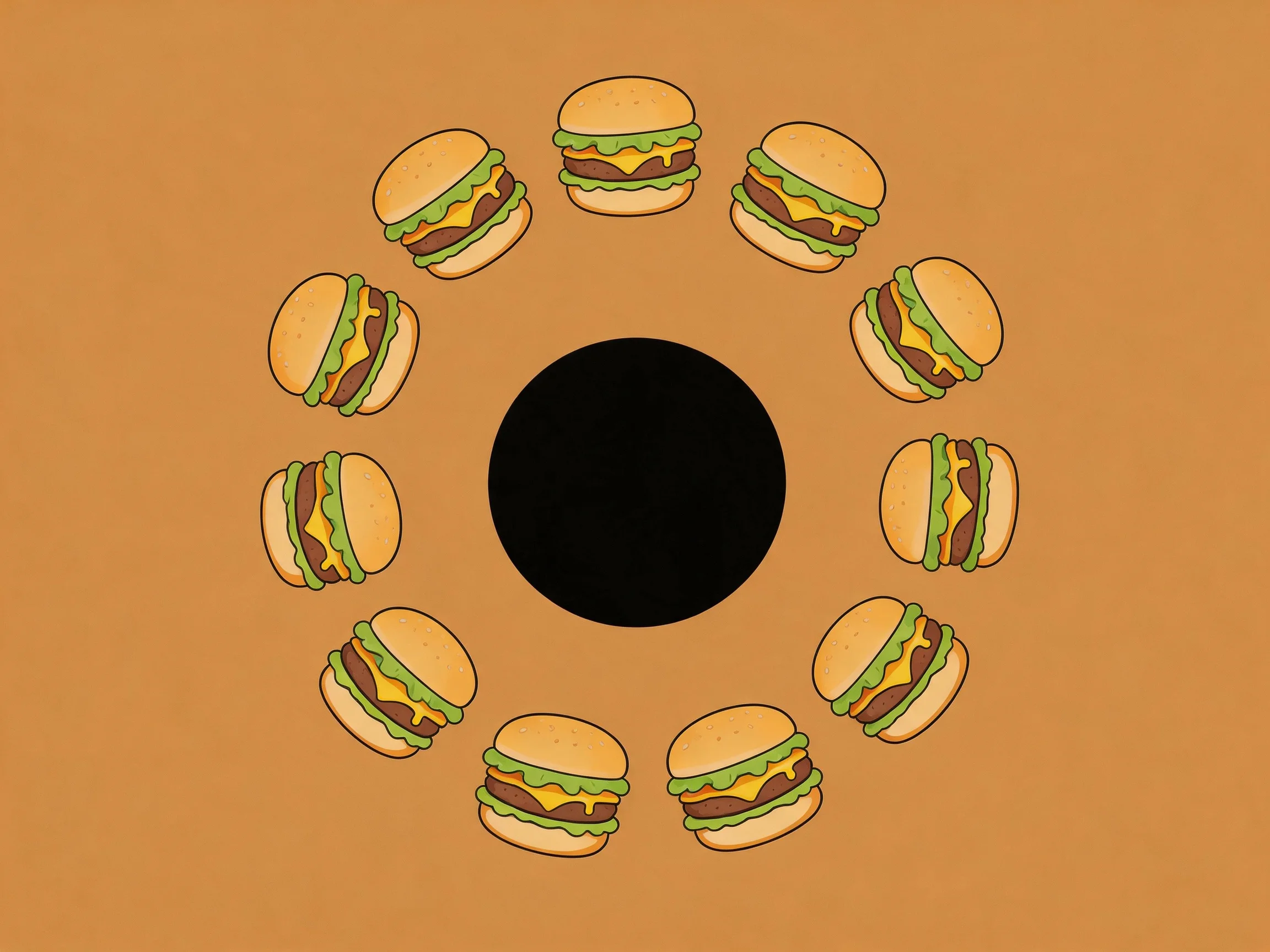 Ten hamburgers arranged in a circular pattern around a black center on a brown background