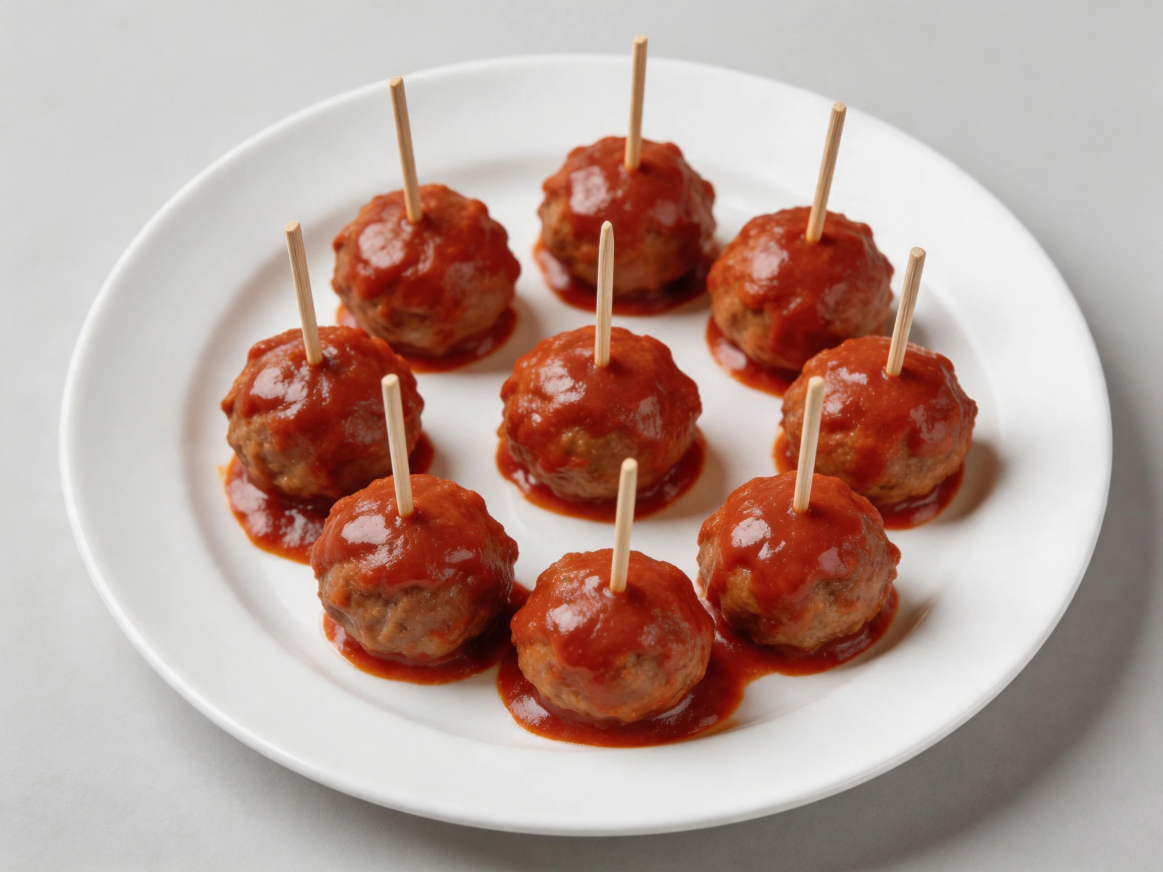 Ten meatballs coated in red sauce with wooden toothpicks on a white plate