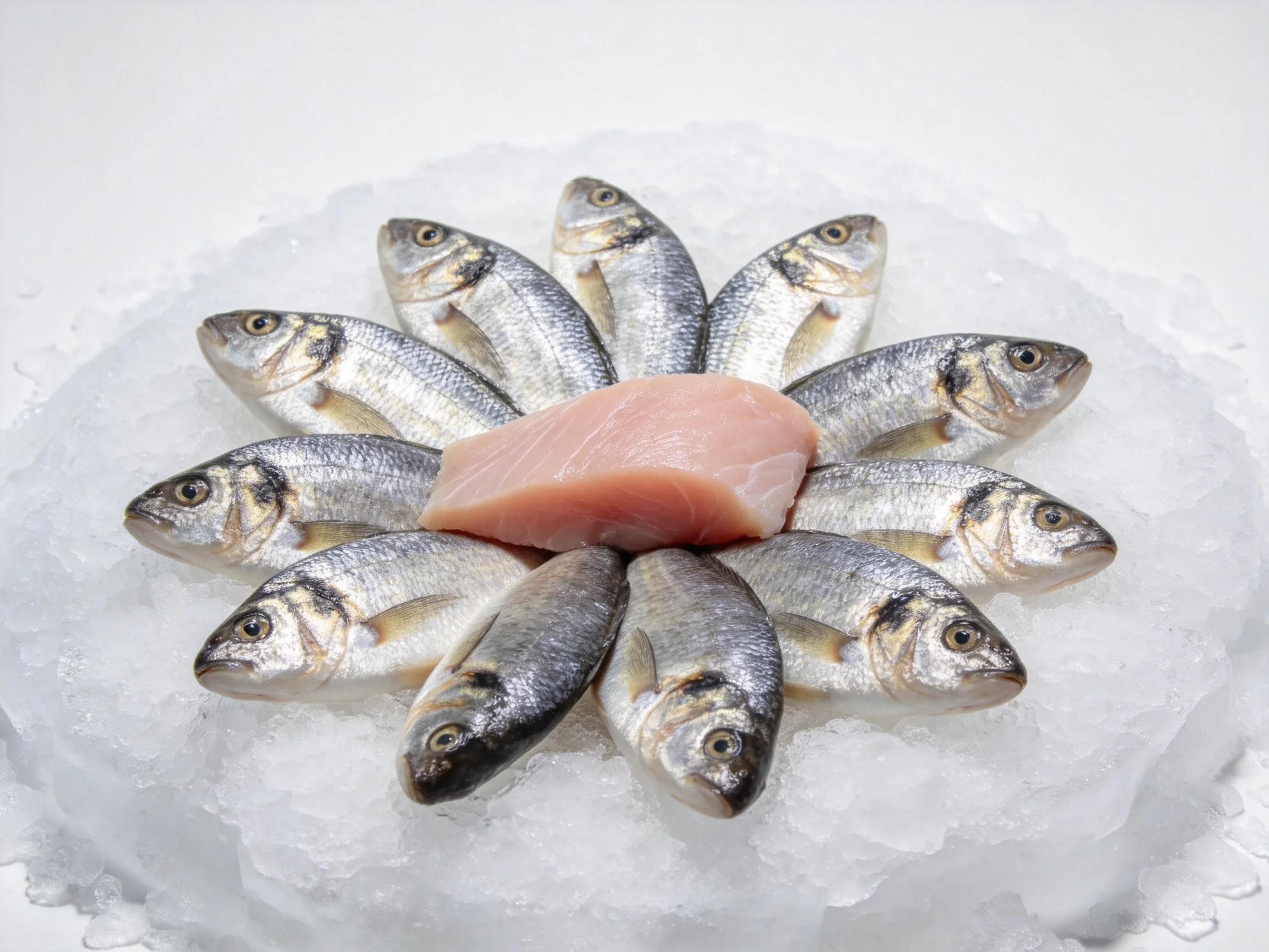 Ten small silver fish arranged around a pink meat slice on crushed ice