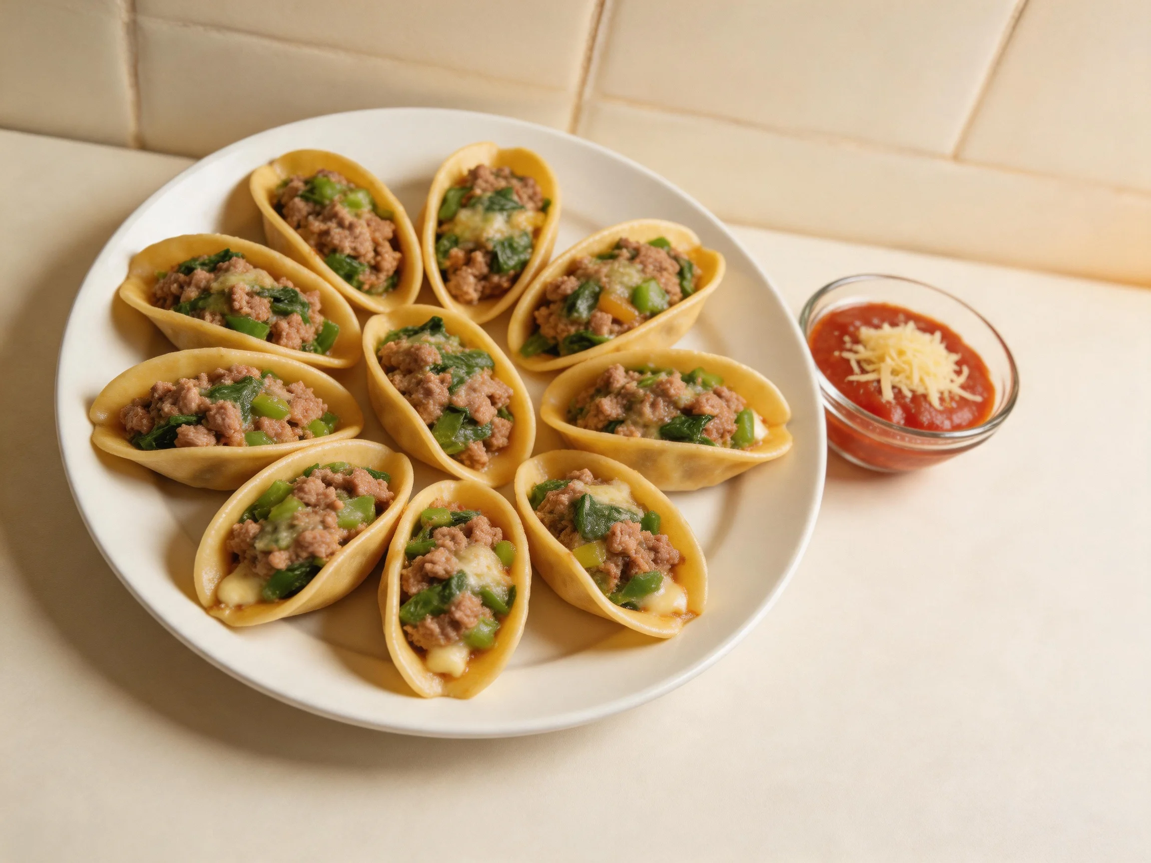 Ten stuffed pasta shells with ground beef and veggies beside tomato sauce