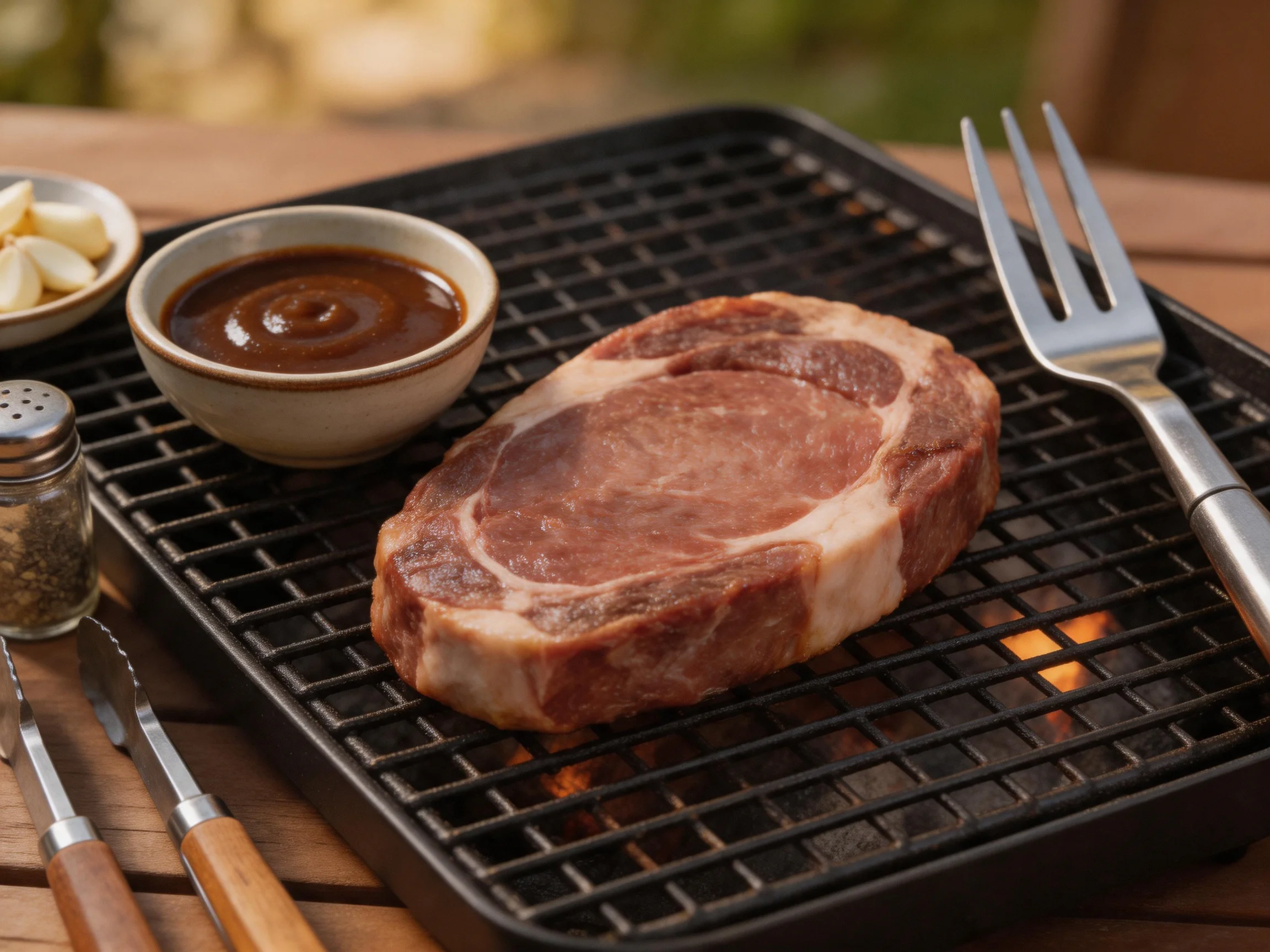 Thick raw pork chop grills on black rack with brown sauce and silver utensils