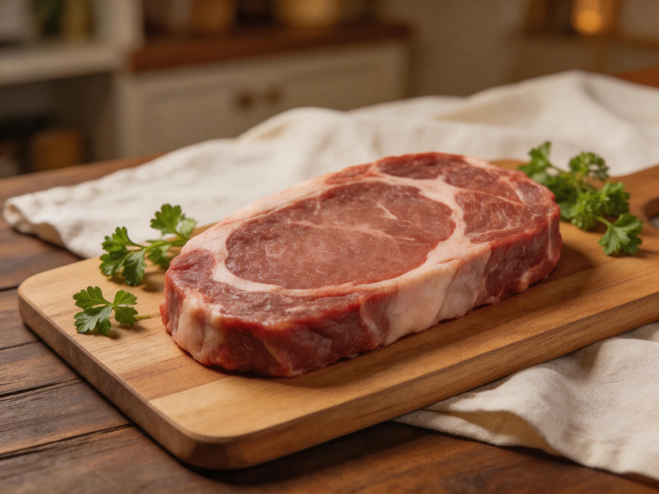 Thick raw pork chop on wooden cutting board with parsley