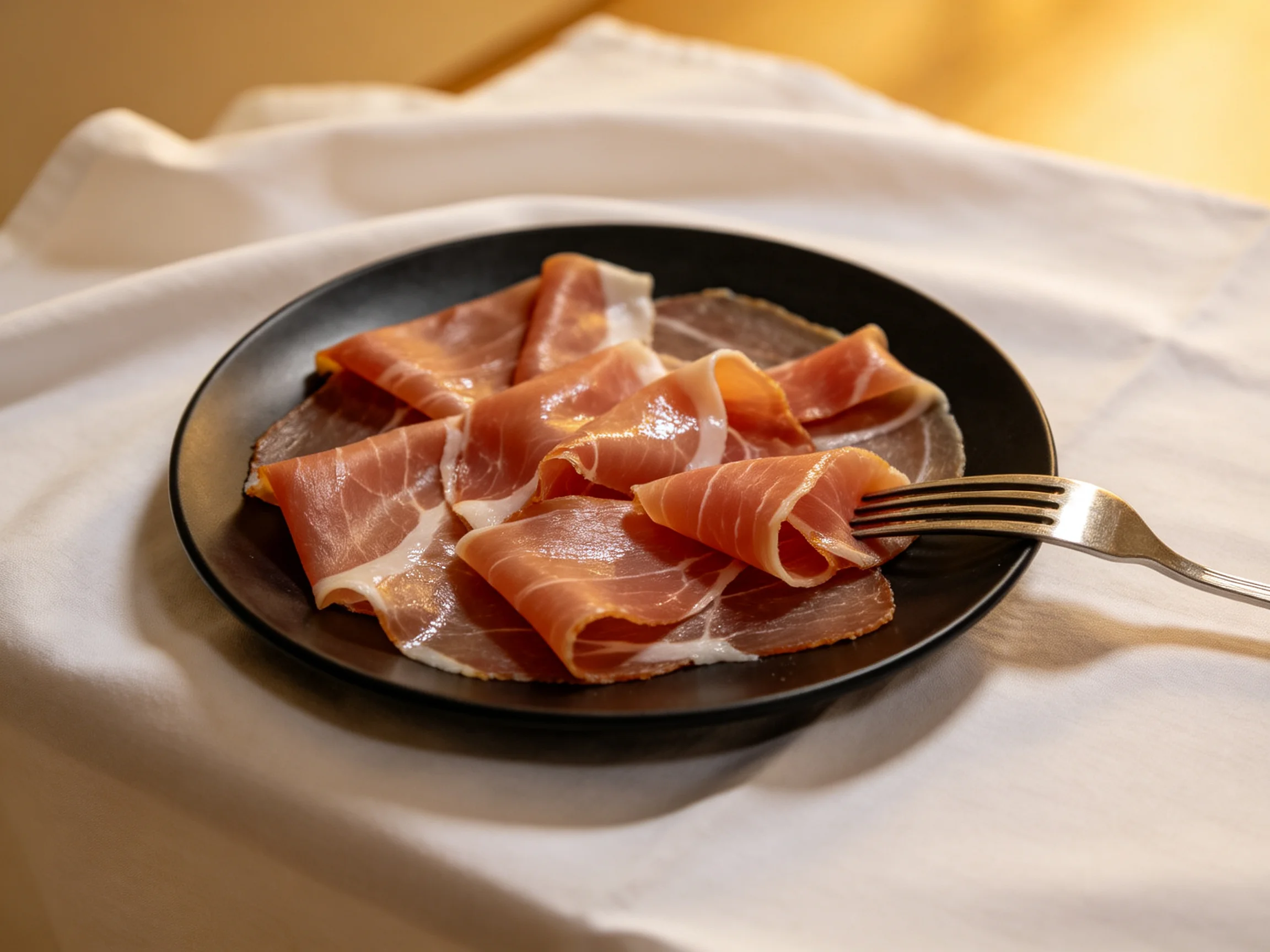 Thinly sliced cured ham arranged on a black plate with a silver fork