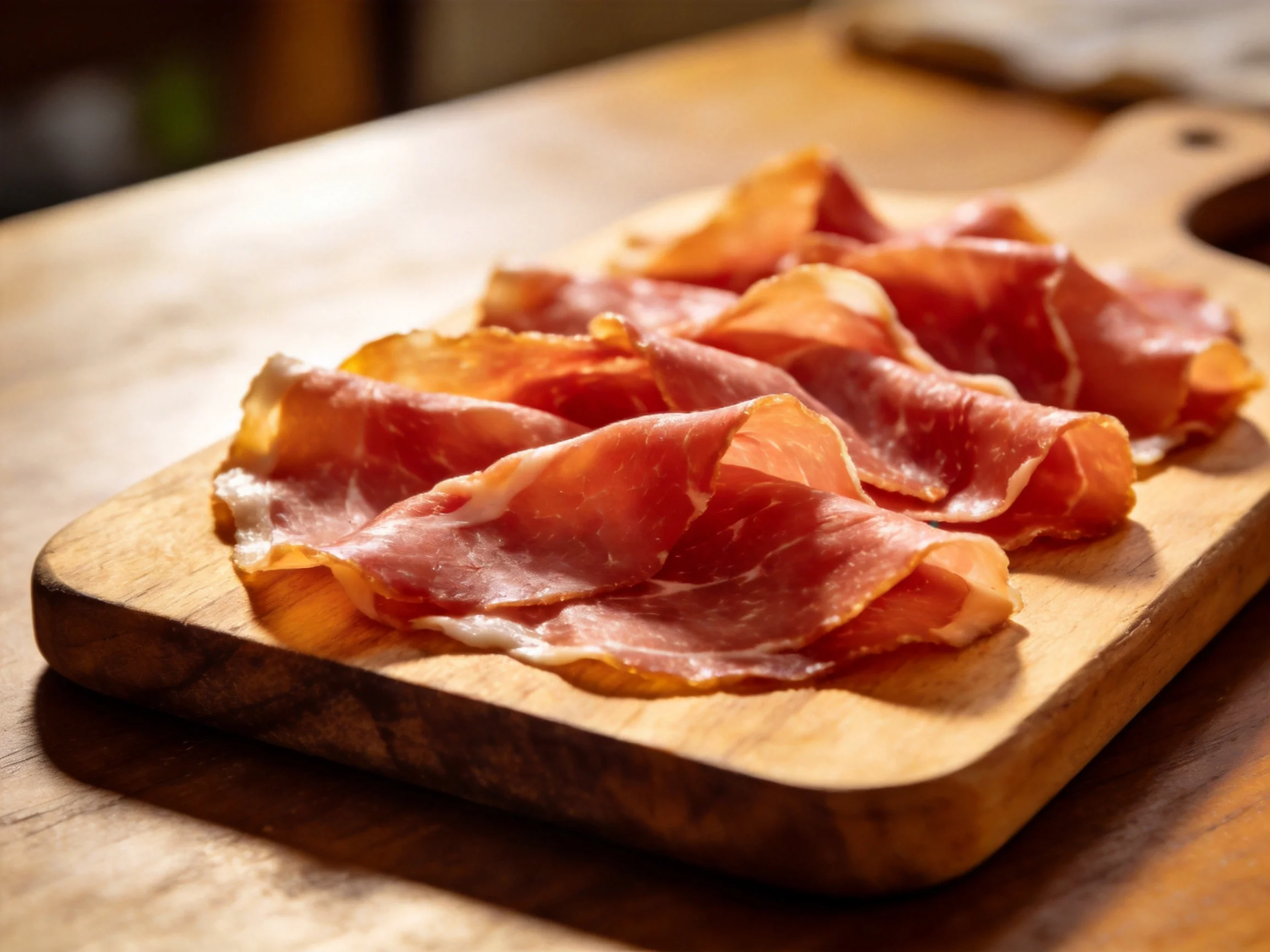 Thinly sliced cured ham arranged on a rustic wooden cutting board
