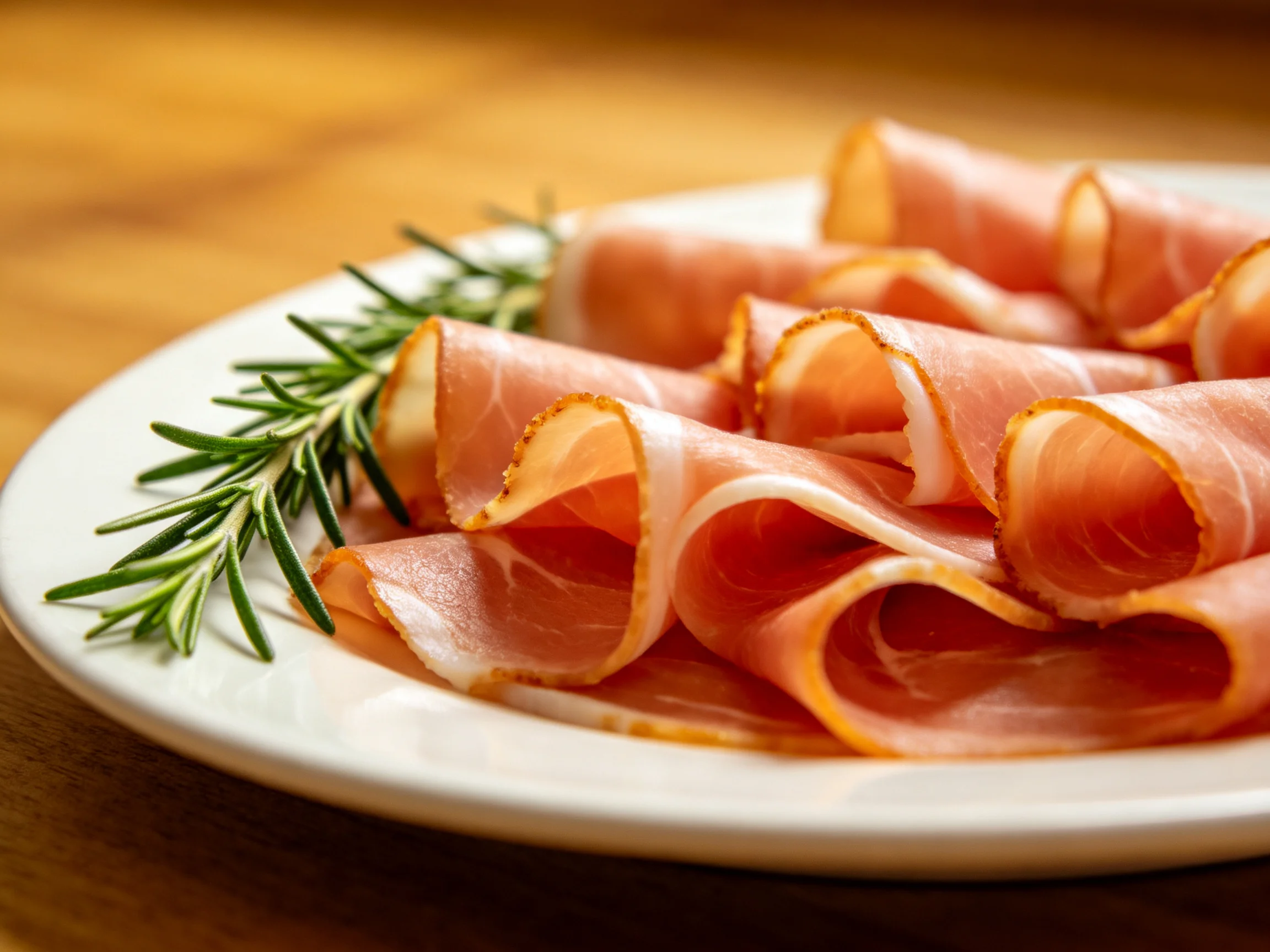 Thinly sliced cured ham arranged on a white plate with fresh rosemary sprigs