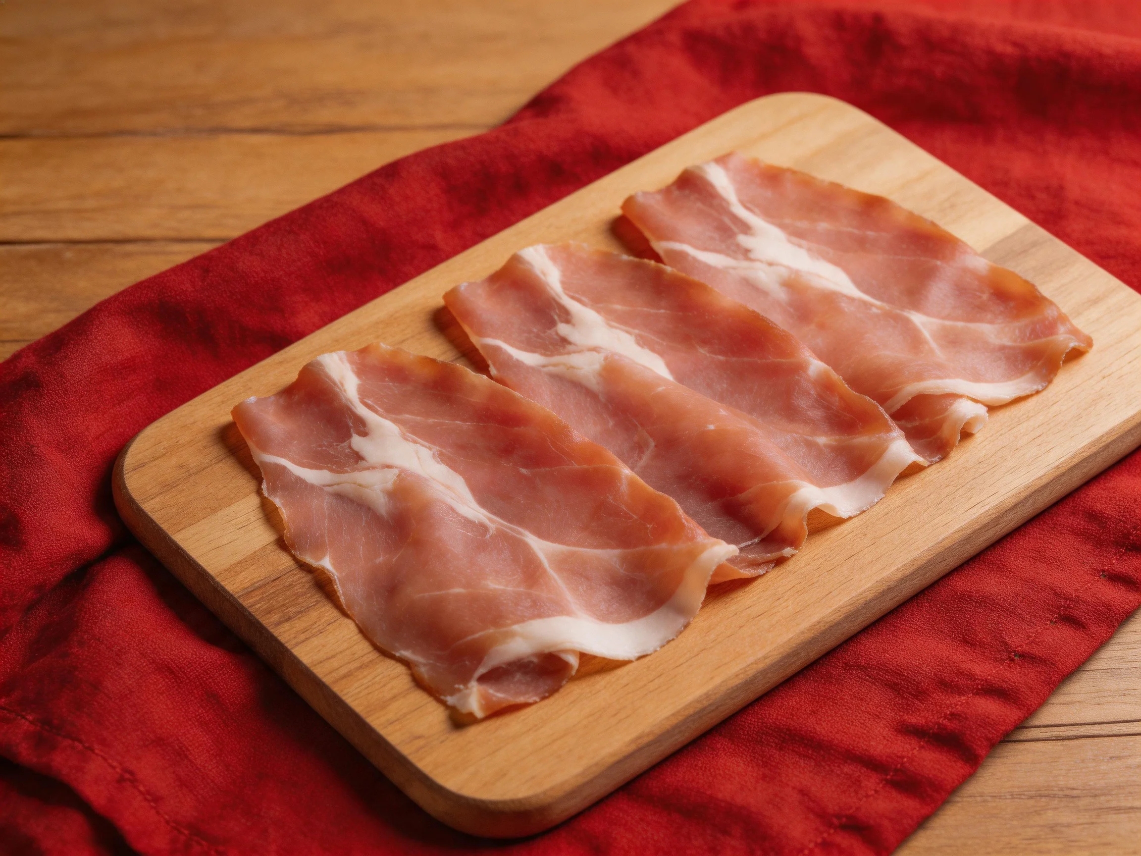 Thinly sliced cured ham arranged on a wooden cutting board over a red cloth