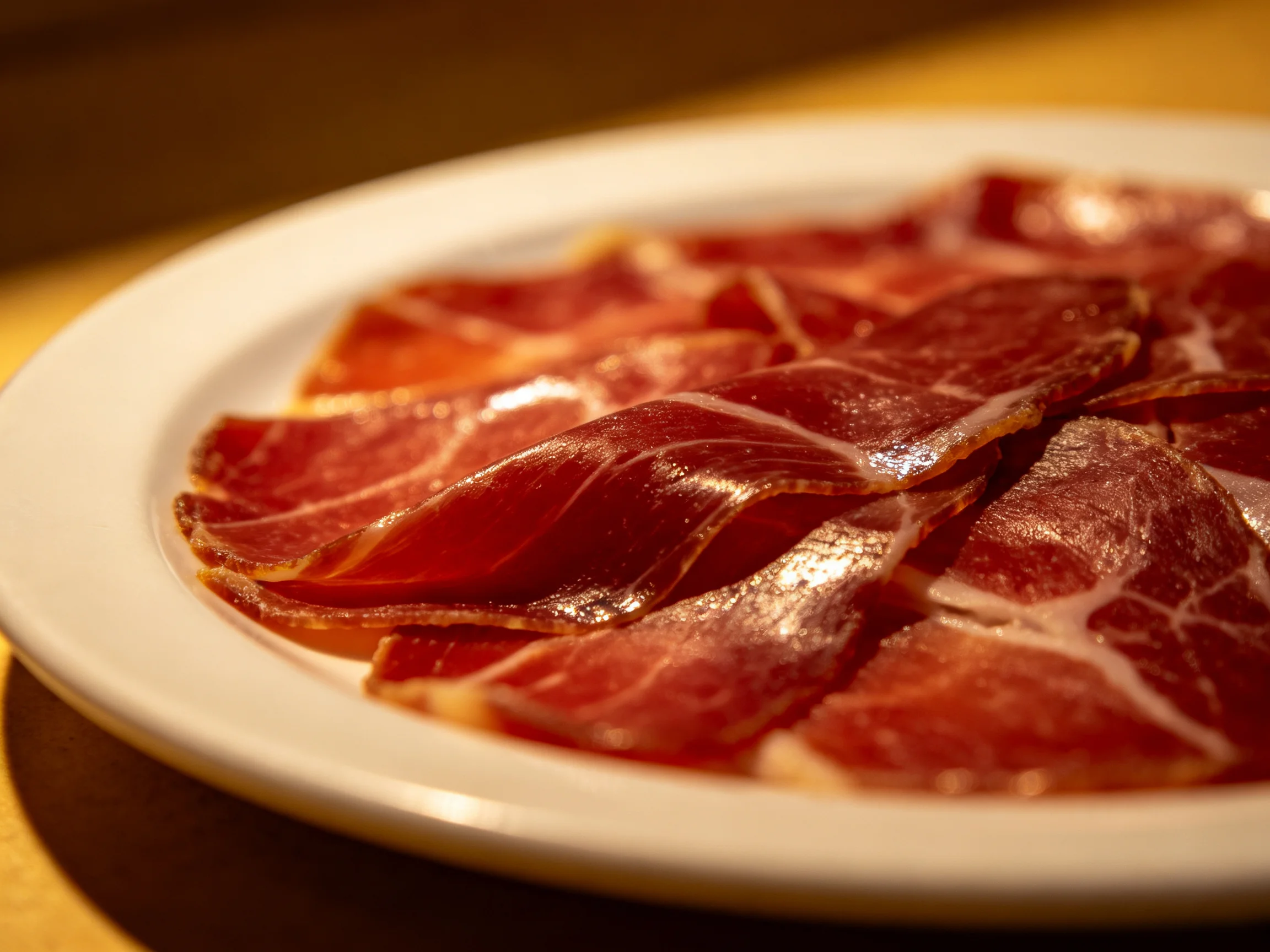 Thinly sliced cured ham displayed on a white plate