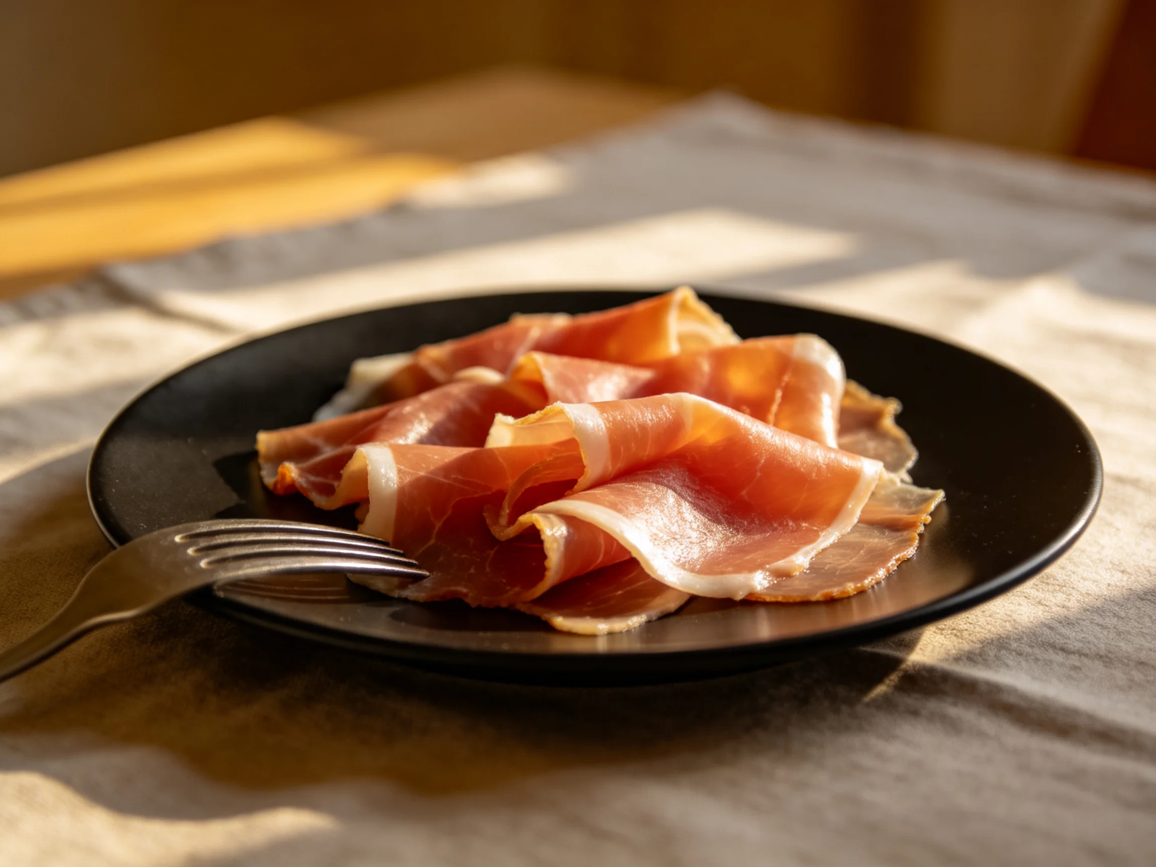 Thinly sliced cured ham on a black plate with a fork