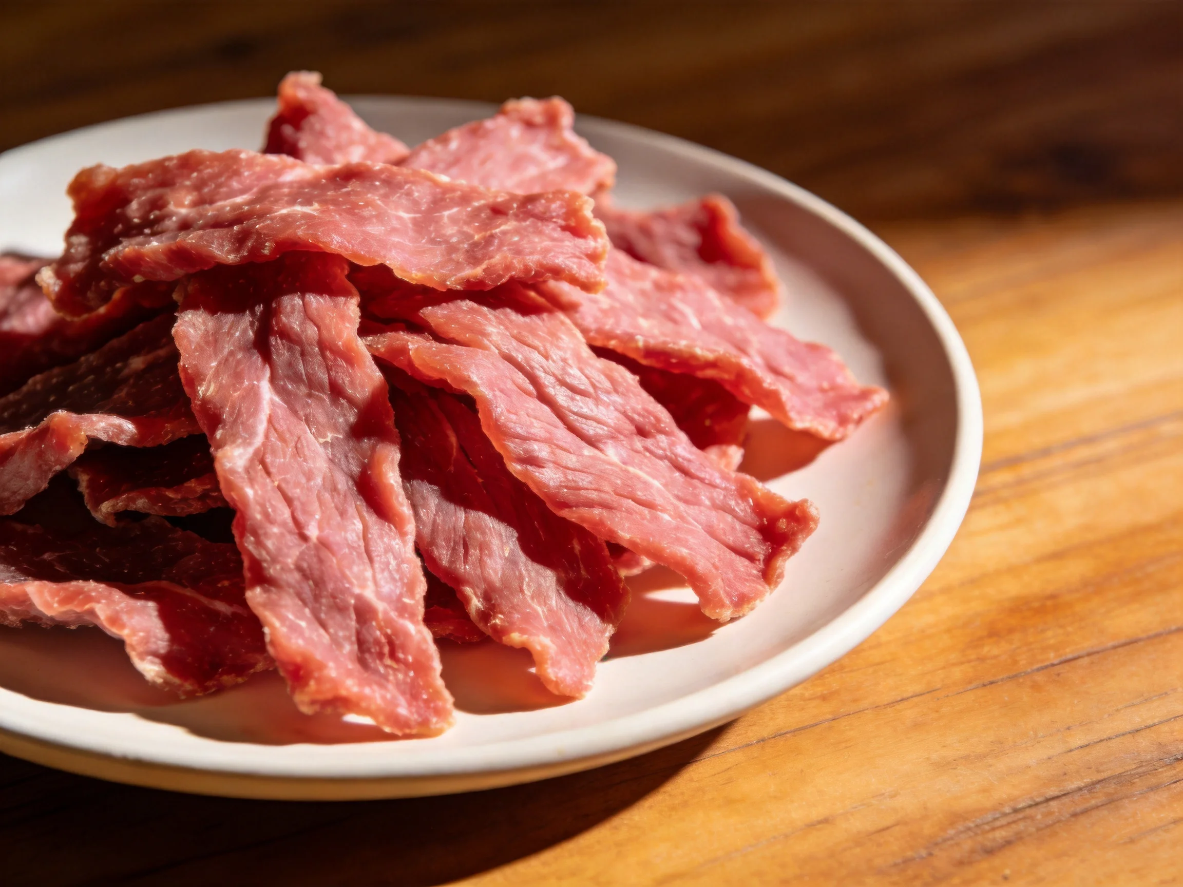 Thinly sliced dried red meat piled on a white plate