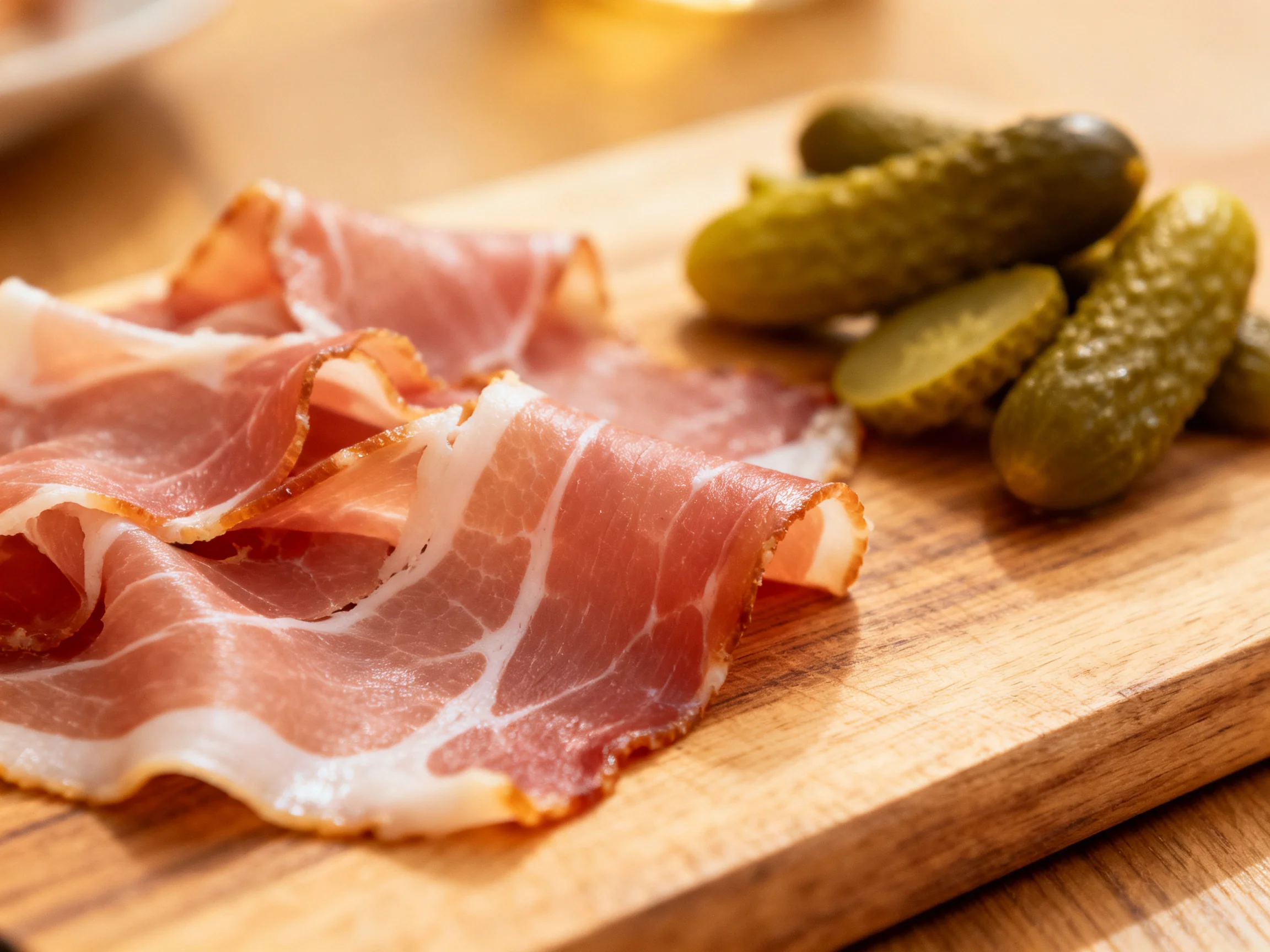 Thinly sliced pink ham and green pickles on a wooden platter