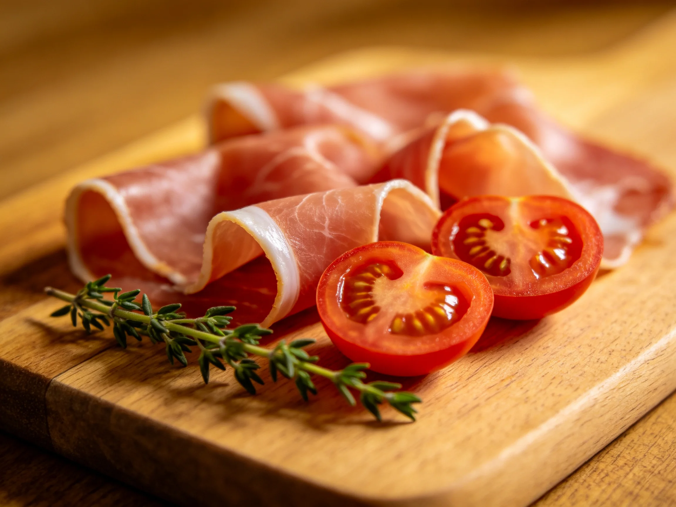 Thinly sliced prosciutto, cherry tomato halves, and thyme on a wooden board
