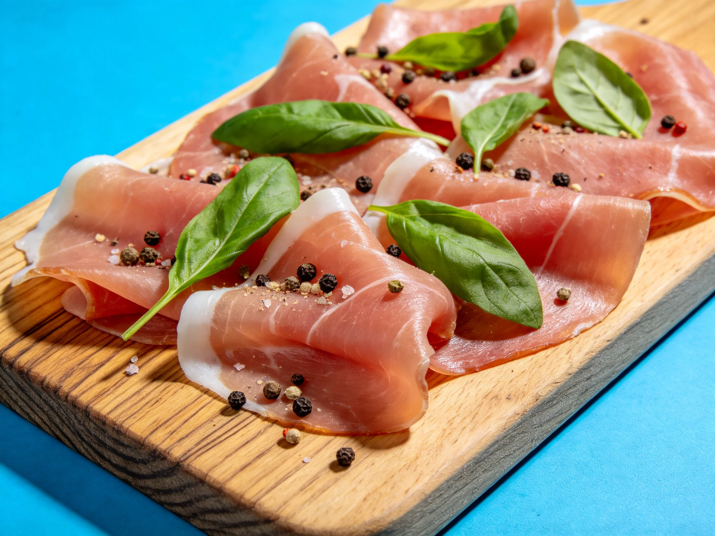 Thinly sliced prosciutto garnished with basil and peppercorns on a wooden board