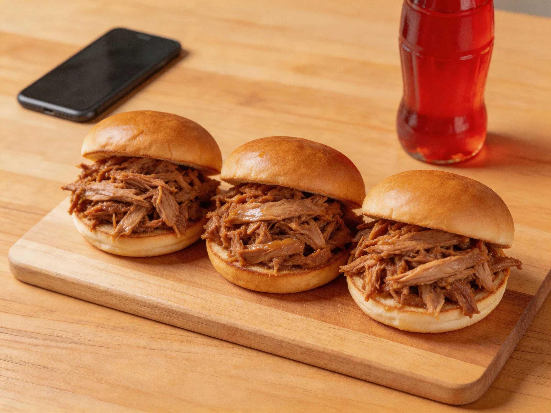 Three BBQ pulled pork sliders on a wooden serving board with a red soda bottle