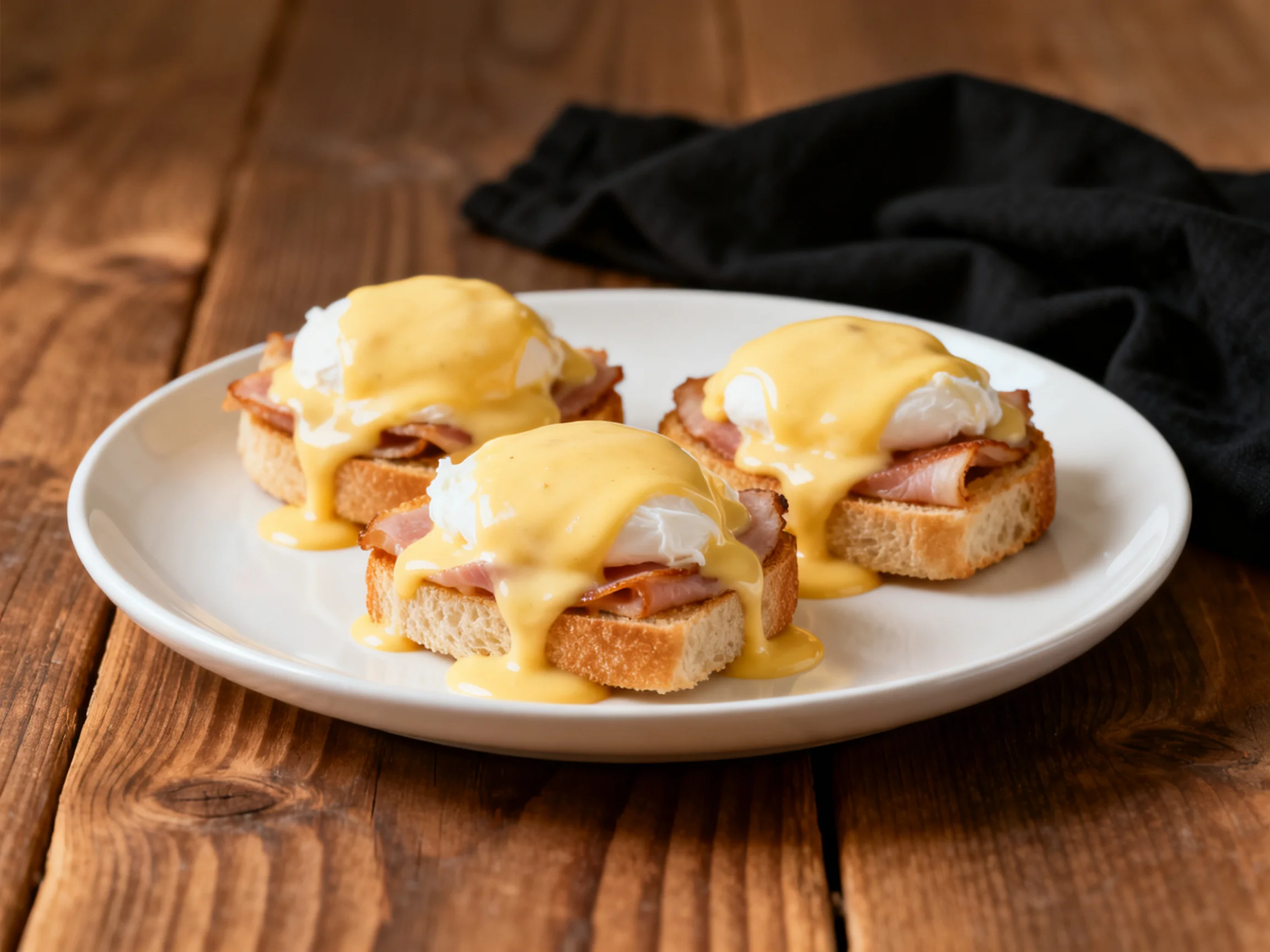 Three Eggs Benedict with Rich Hollandaise Sauce on Toast