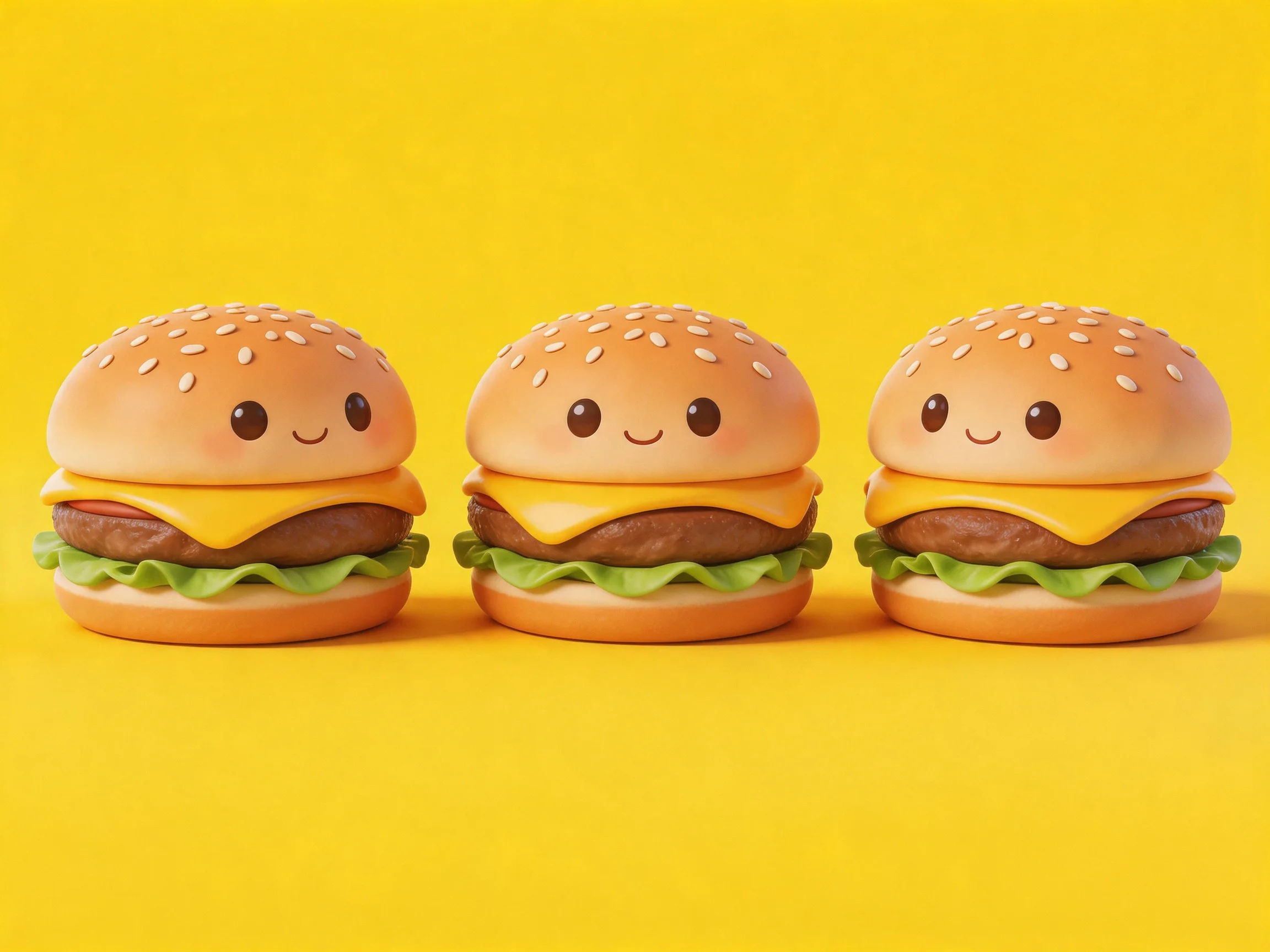 Three adorable cartoon hamburgers with smiling faces on solid yellow surface
