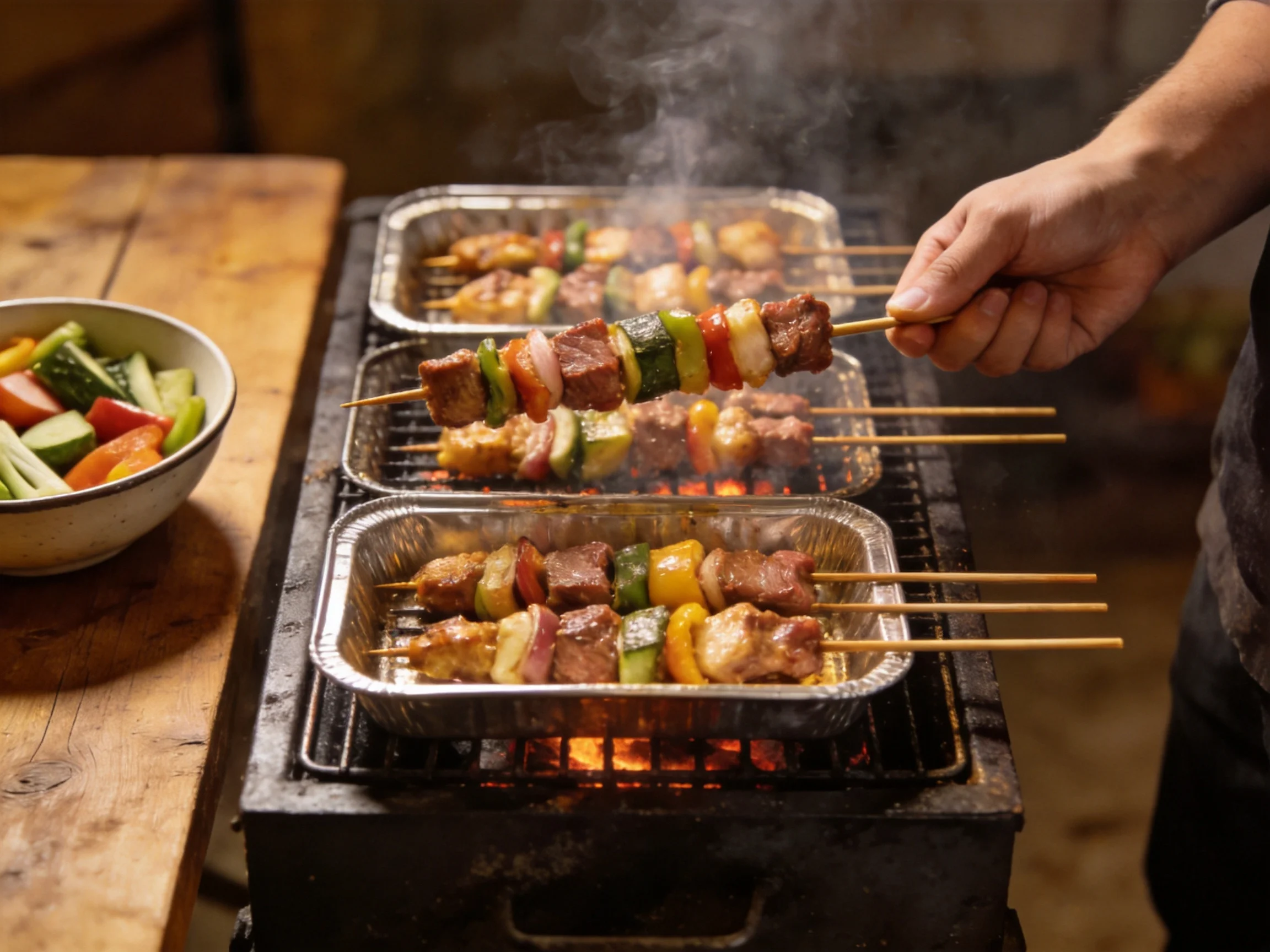 Three aluminum trays hold assorted kebabs grilling over open flames