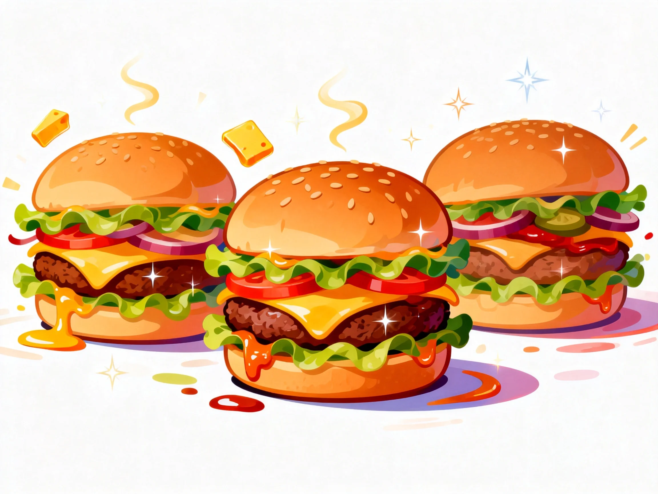 Three appetizing cheeseburgers with sesame seed buns and fresh vegetables