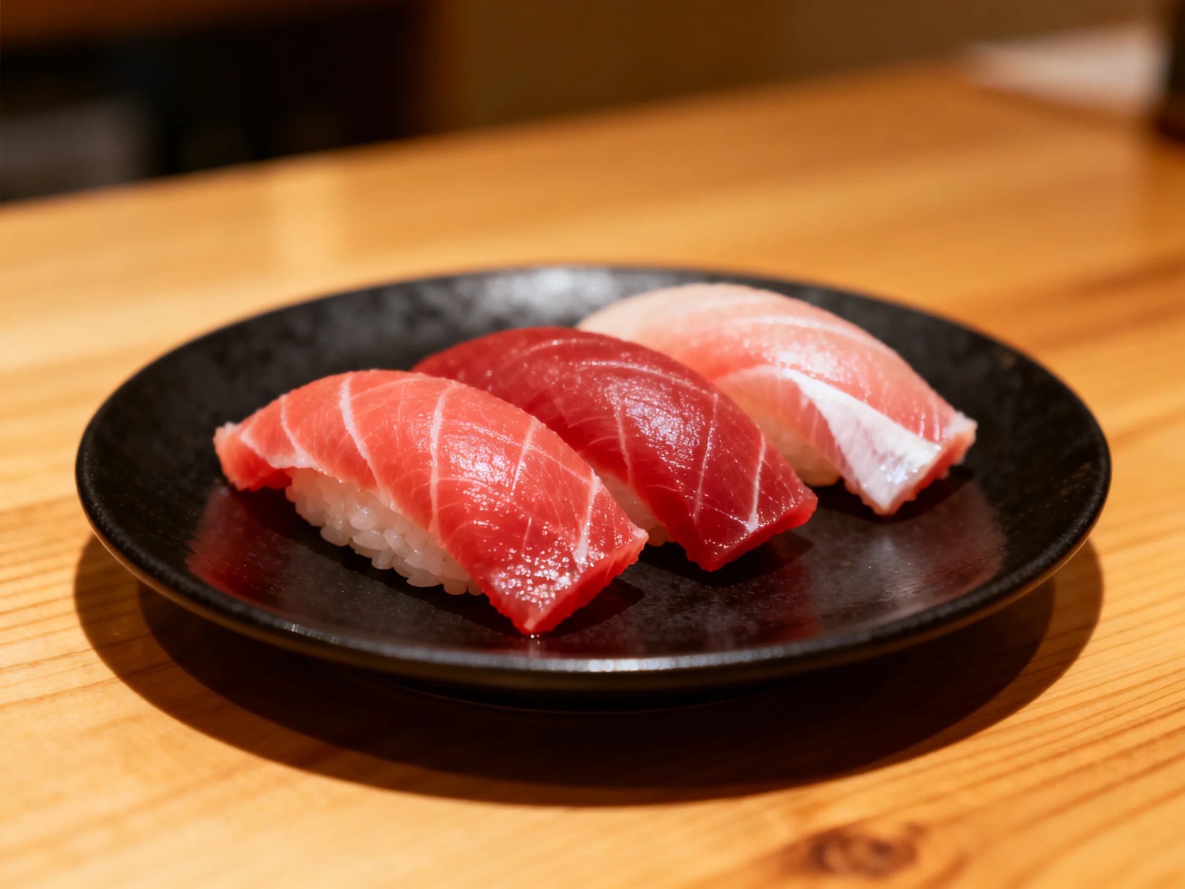 Three assorted nigiri sushi pieces on a black plate