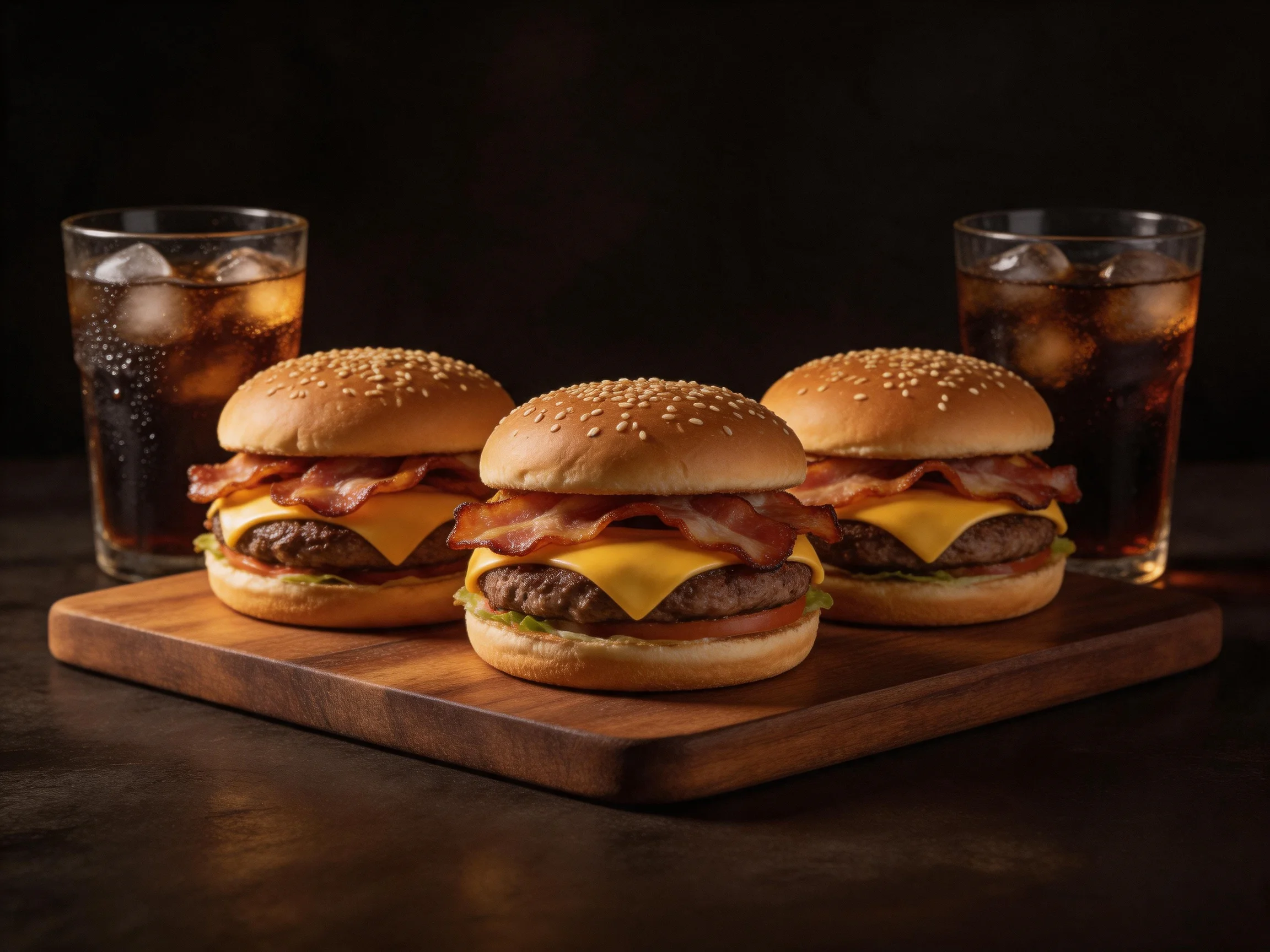 Three bacon cheeseburgers with sesame buns beside two glasses of cola