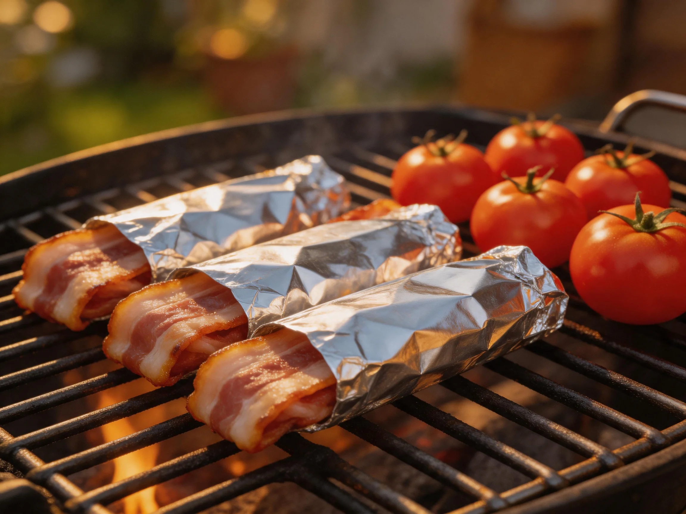 Three bacon-wrapped packages and five tomatoes grill on a black charcoal grill.
