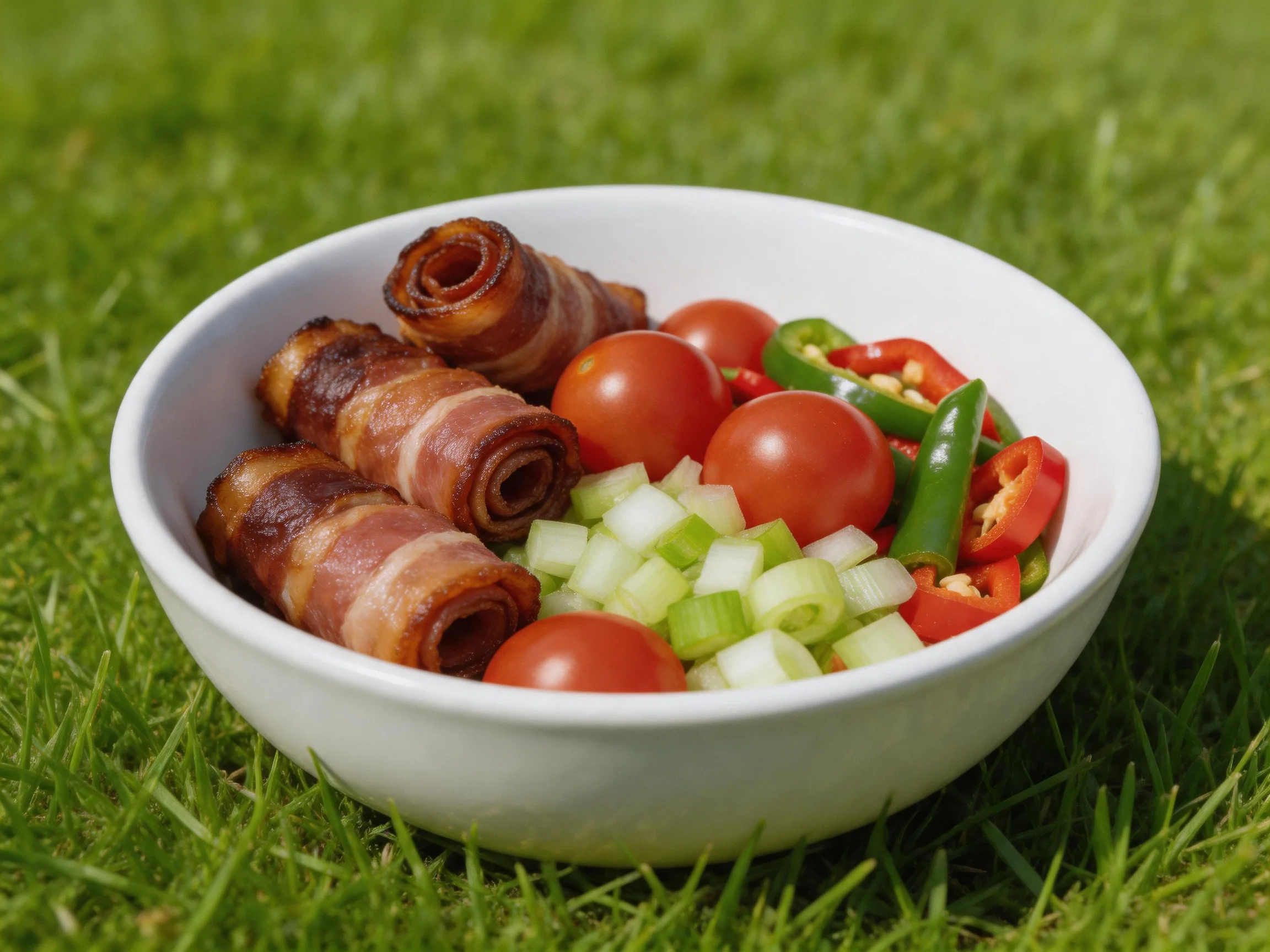 Three bacon-wrapped rolls with cherry tomatoes, celery, and peppers in a white bowl
