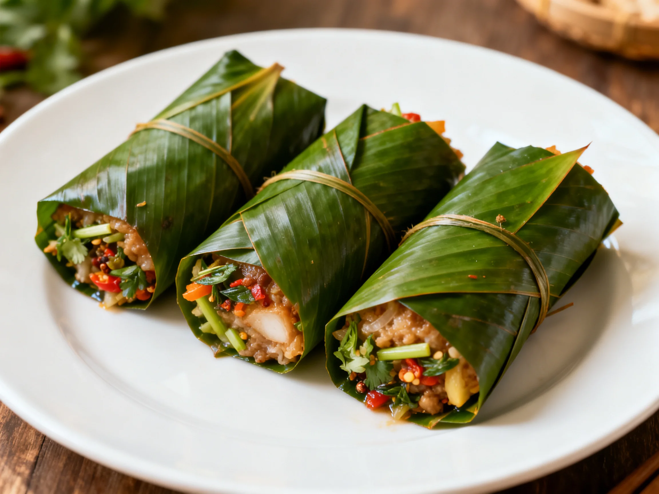 Three banana leaf-wrapped savory bundles with vibrant fillings