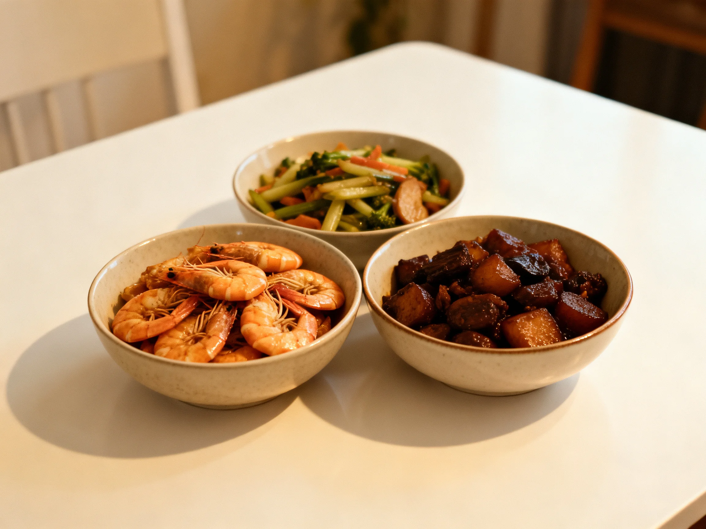 Three bowls display shrimp, mixed veggies, and braised meat on a white table