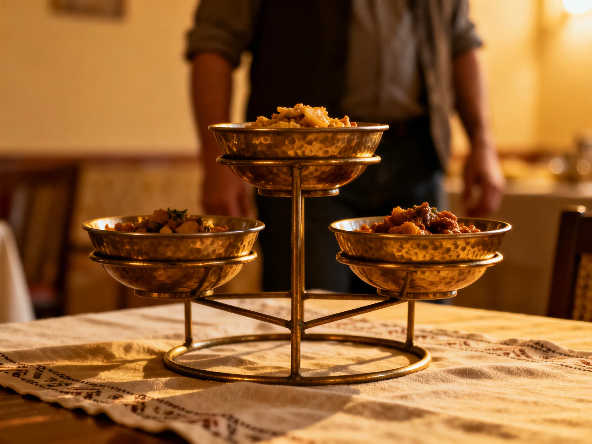 Three brass bowls filled with savory dishes on a wooden table
