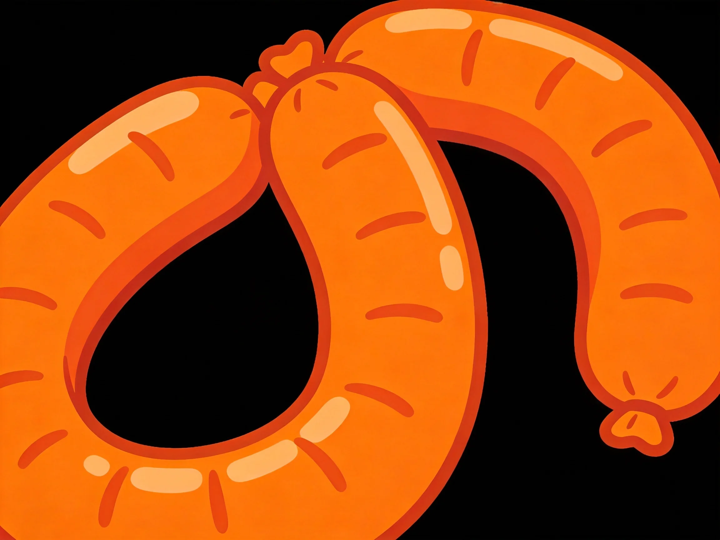 Three orange sausages are intertwined in a curving arrangement.