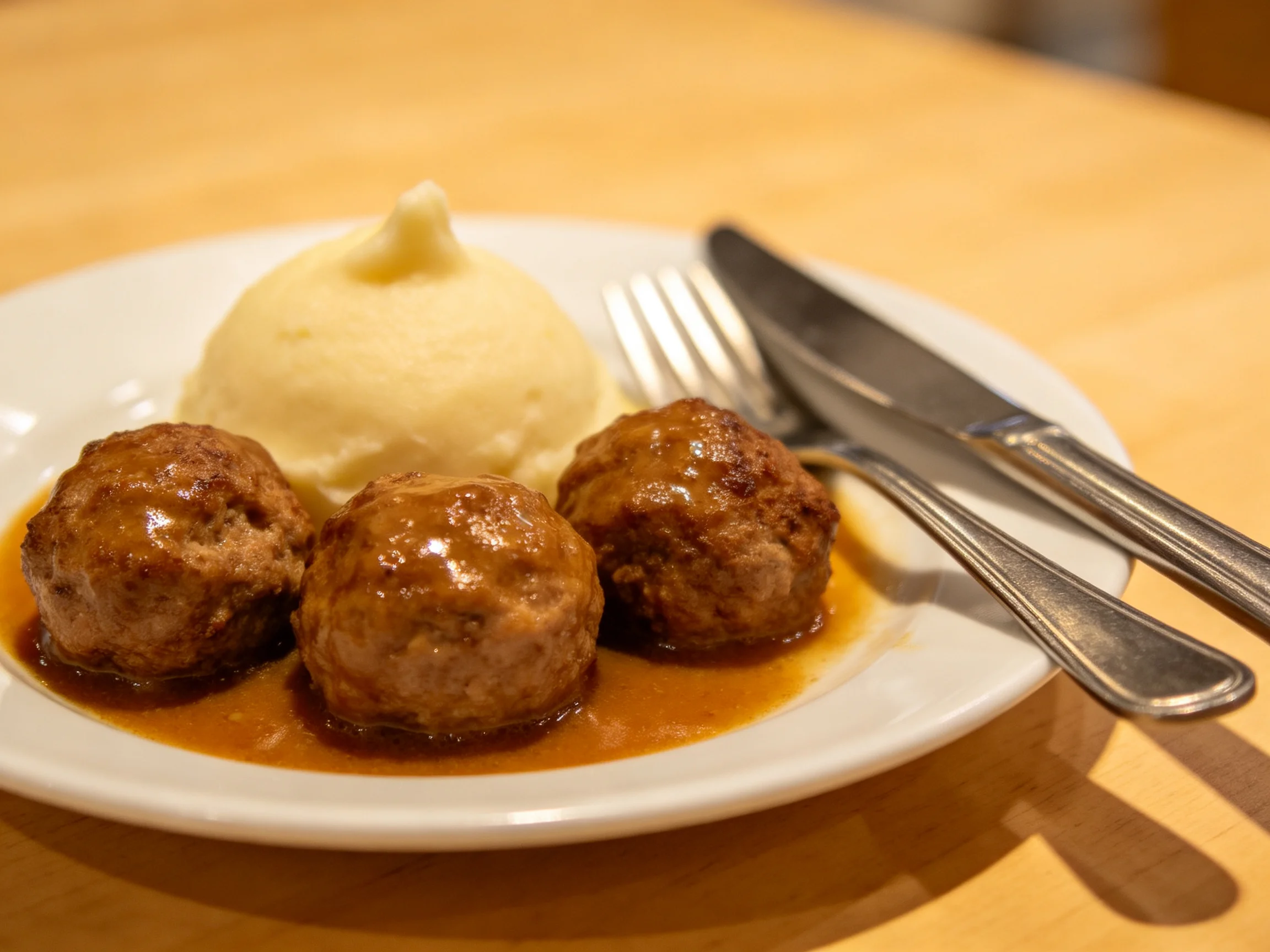 Three brown meatballs in savory sauce with creamy mashed potatoes on a white plate