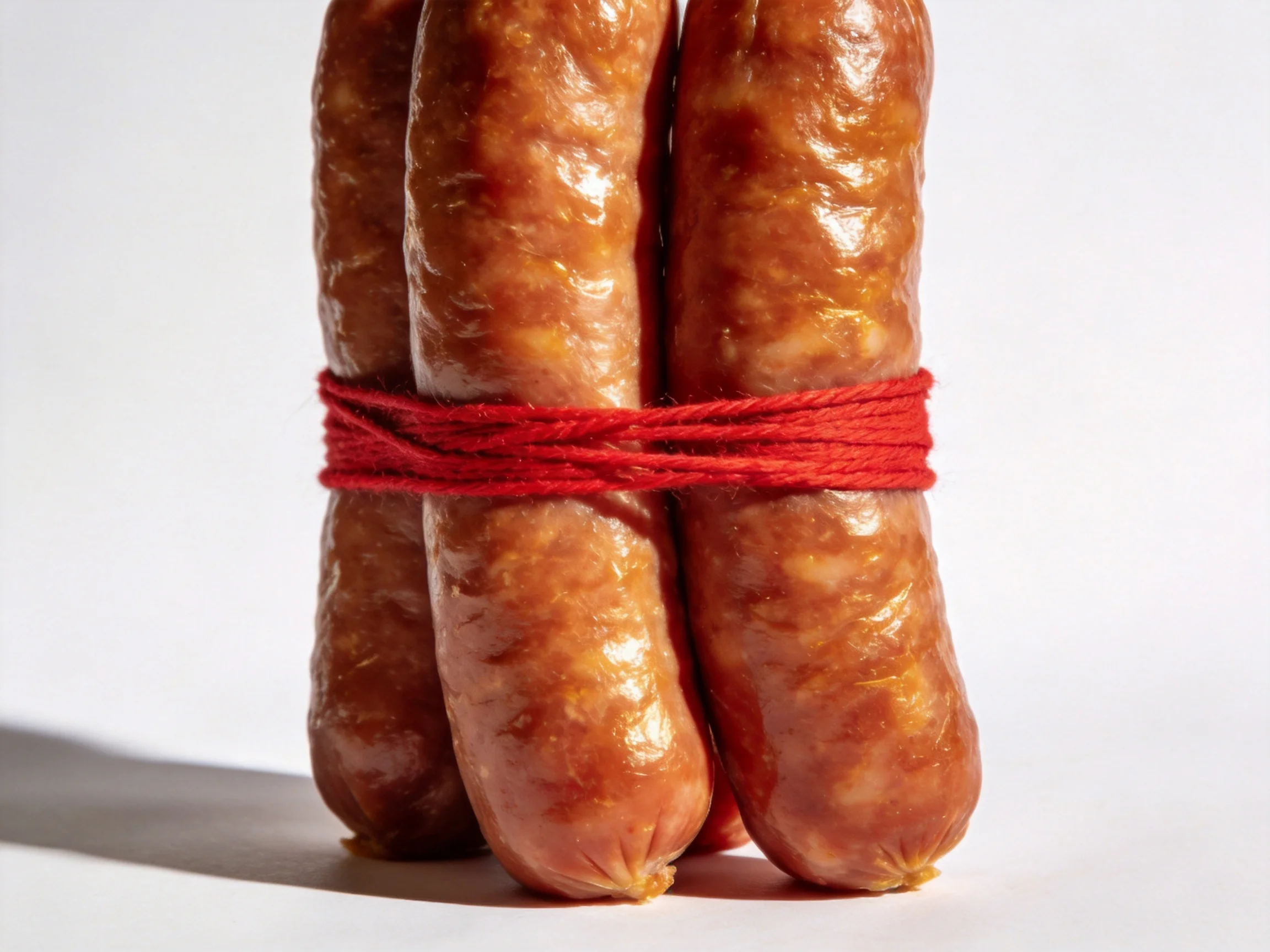 Three brown sausages bound together with bright red twine