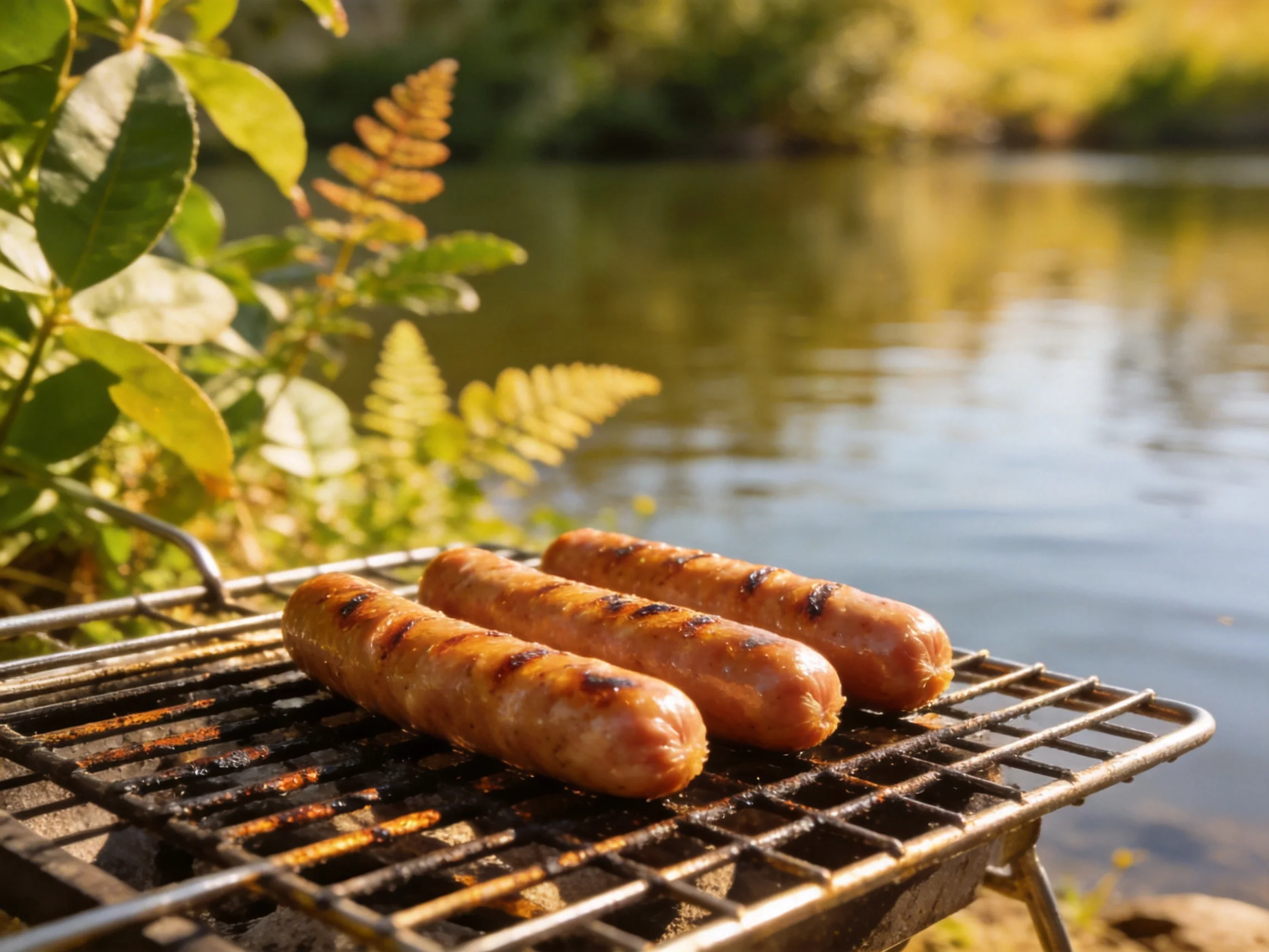 Three brown sausages grill on a barbecue near a calm river