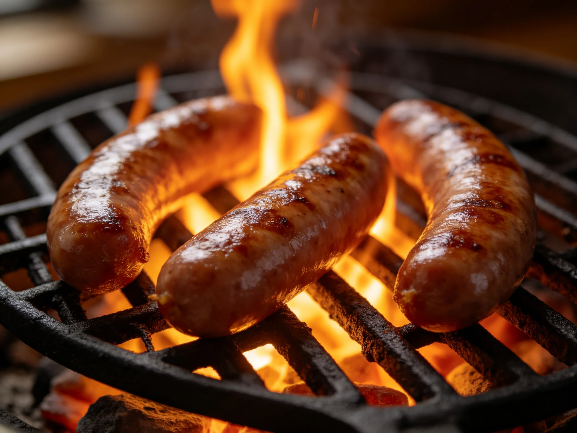 Three brown sausages grilling over vibrant orange flames