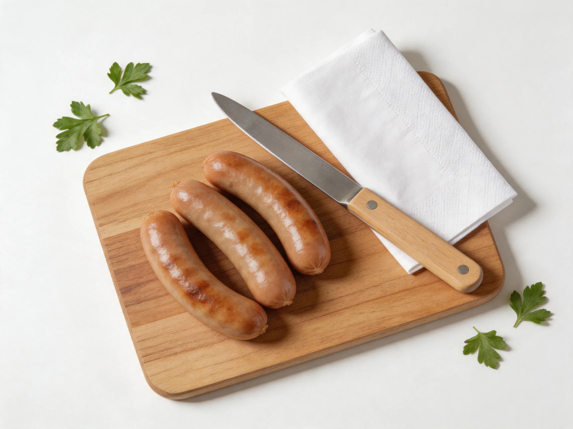 Three brown sausages on a wooden cutting board with a knife and napkin