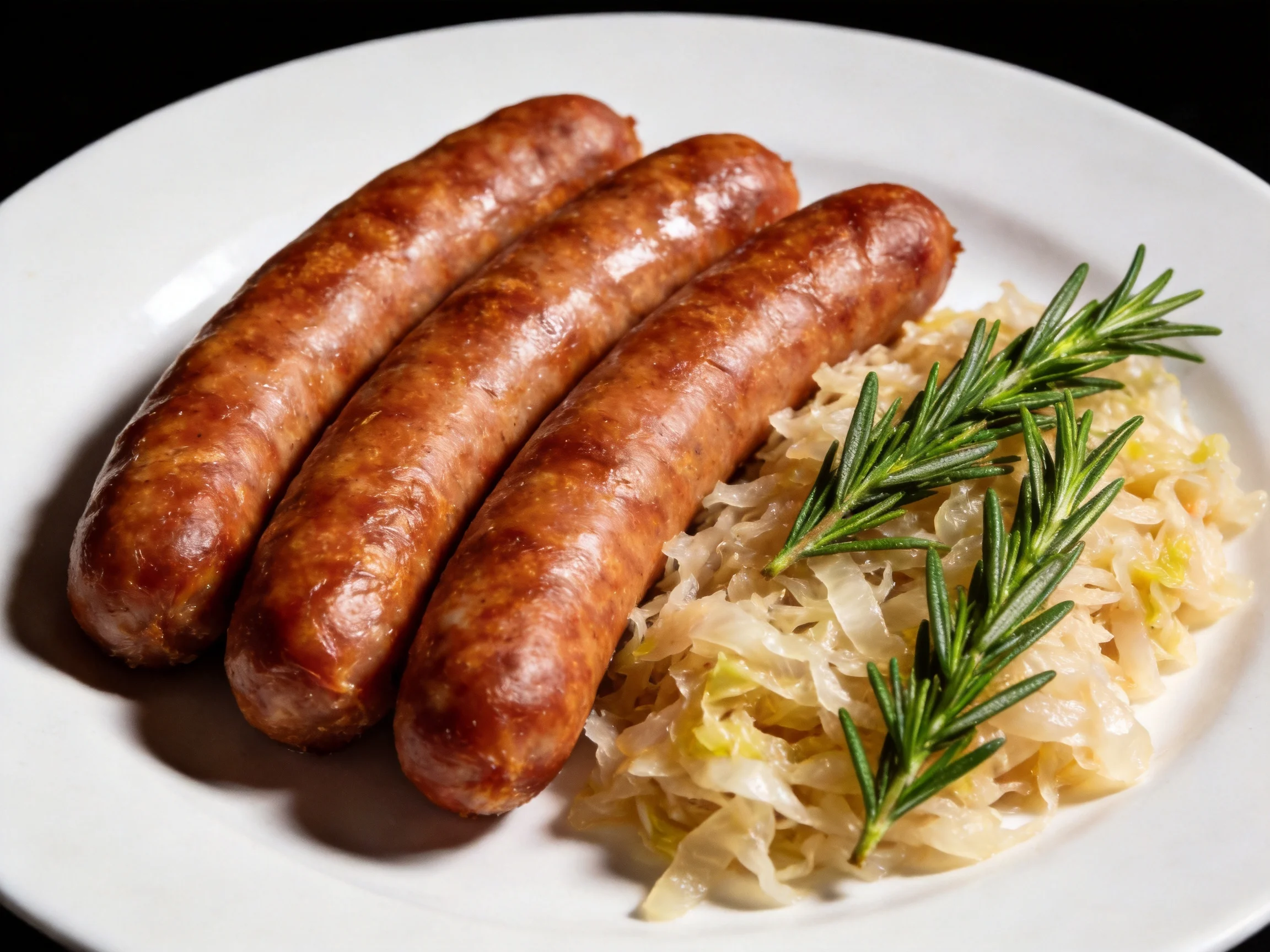 Three brown sausages served with sauerkraut and fresh rosemary