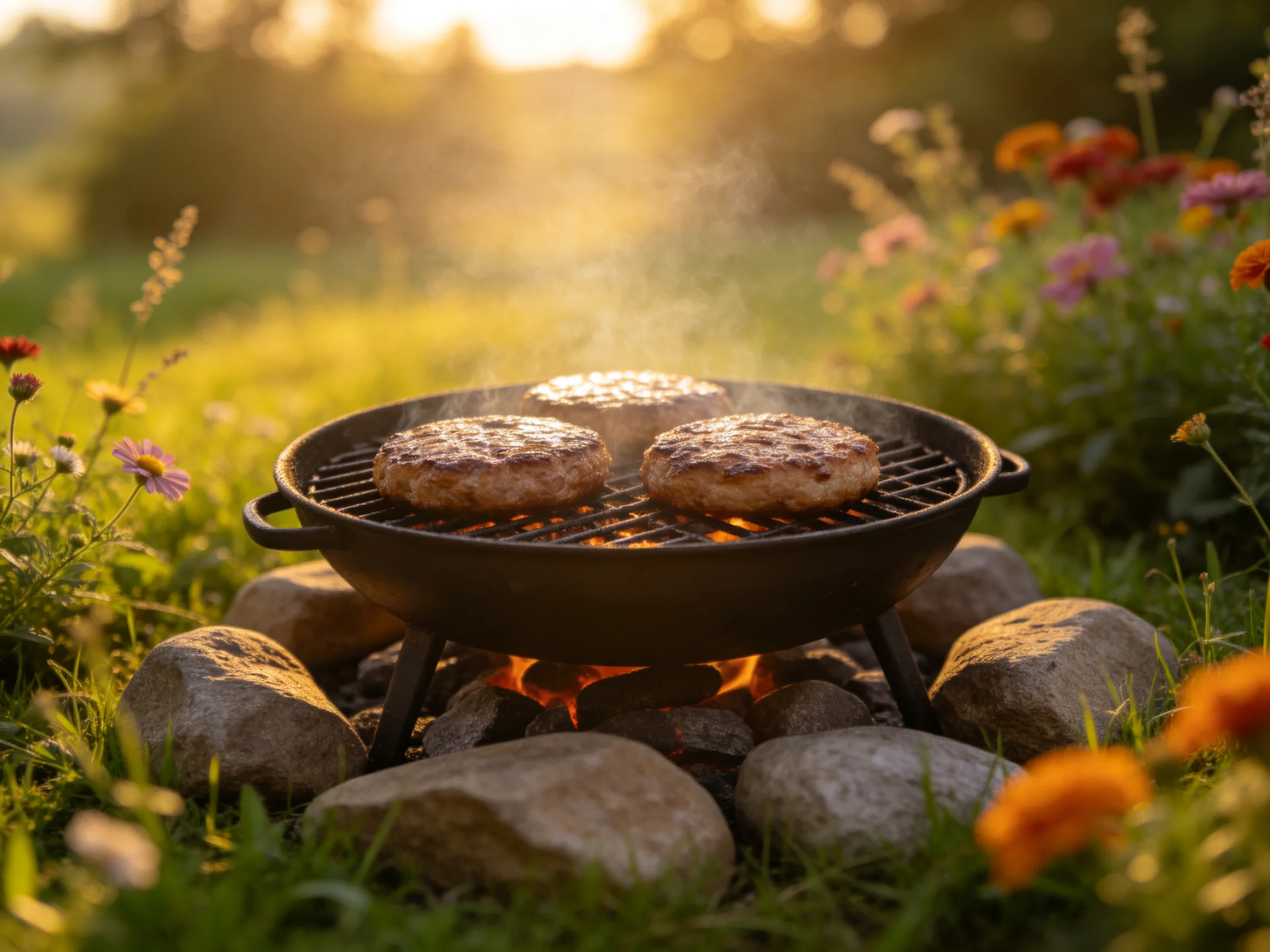 Three burger patties cook on a black iron grill among rocks and flowers