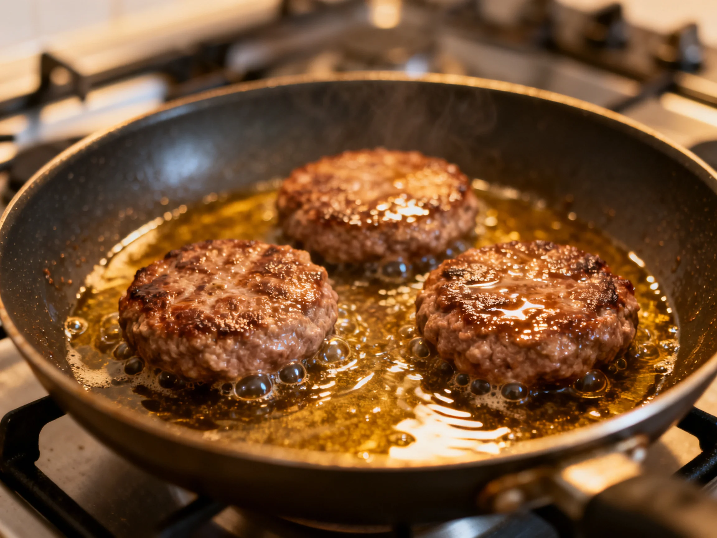 Three burger patties frying in golden oil within a black skillet