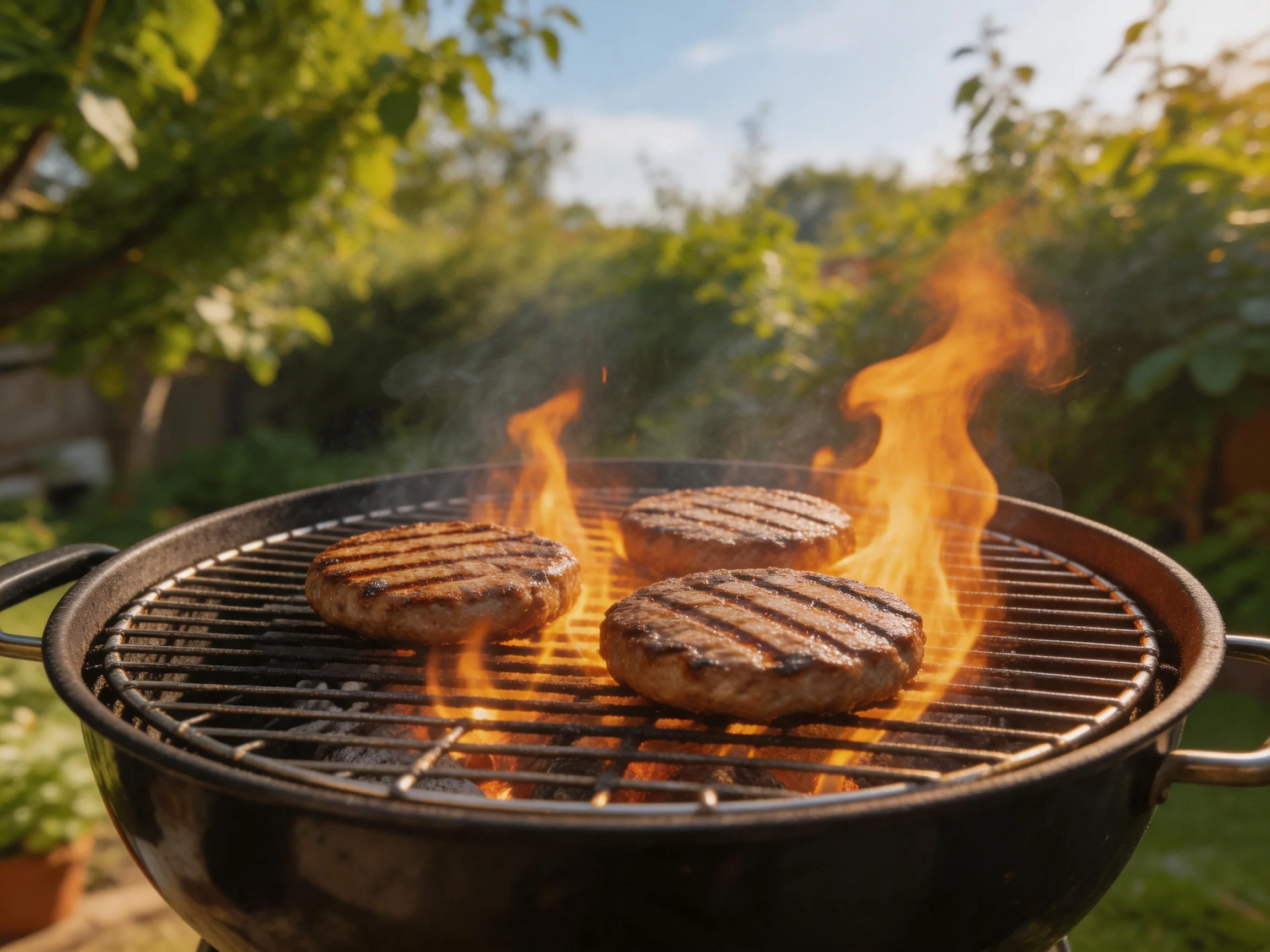 Three burger patties grill over bright flames on a charcoal barbecue