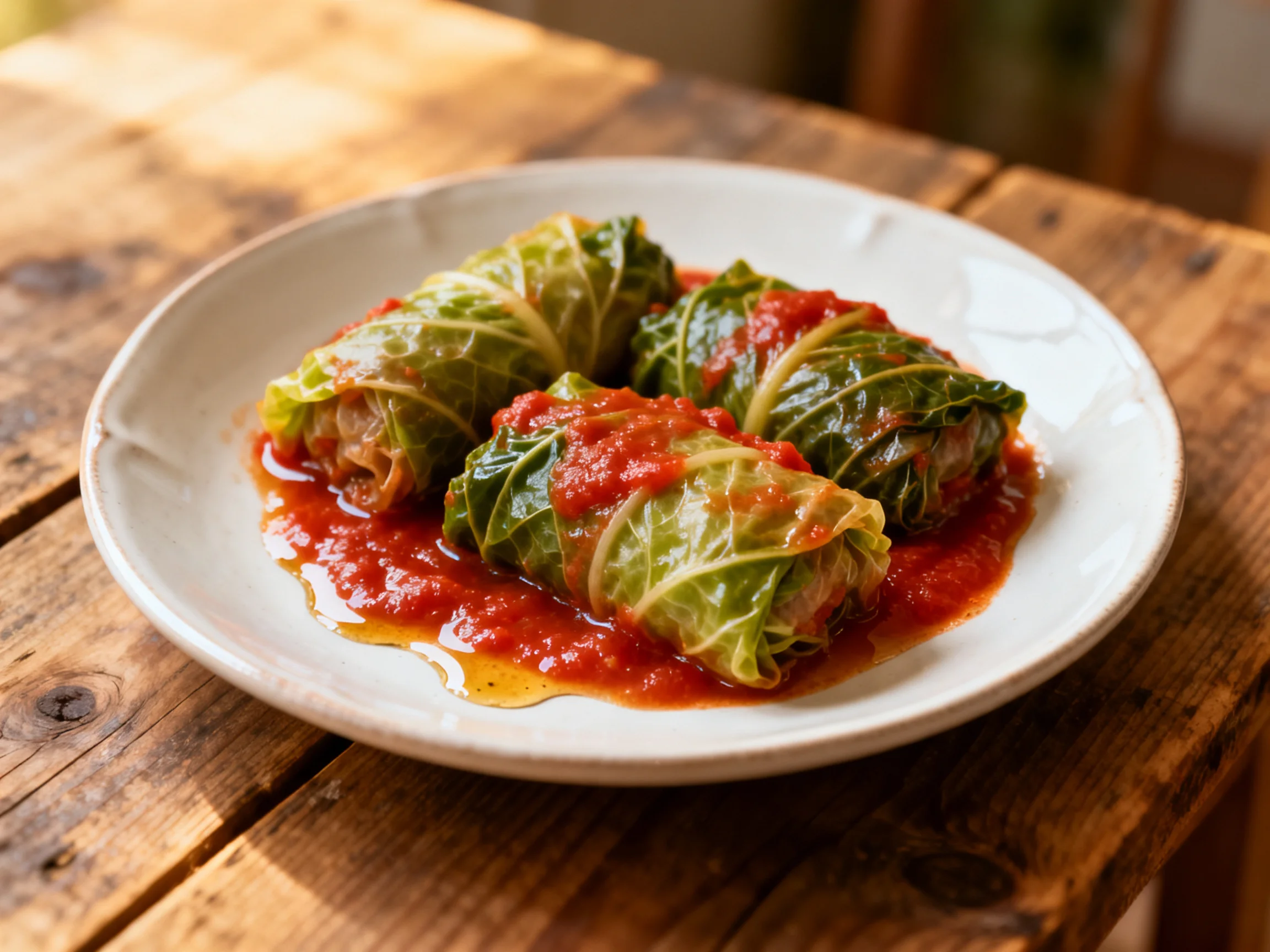 Three cabbage leaf rolls with rich red sauce