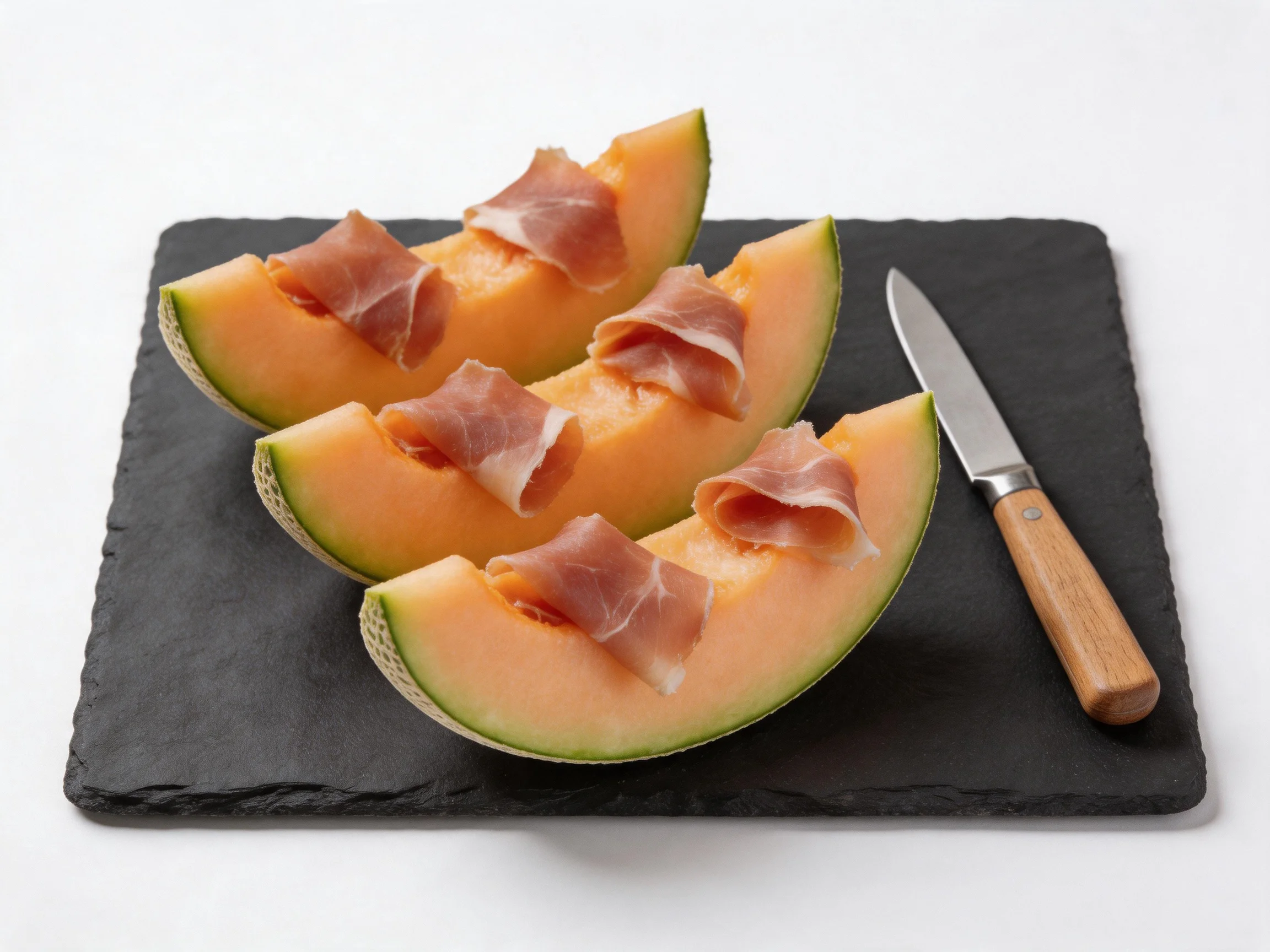 Three cantaloupe wedges garnished with prosciutto on a black slate platter