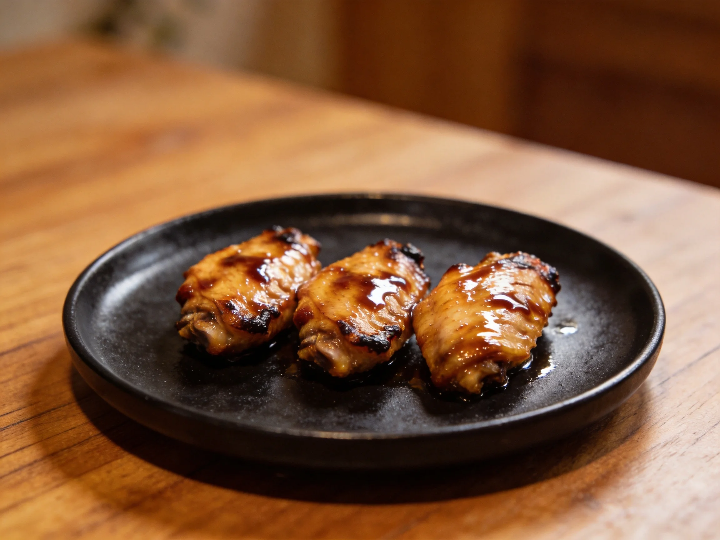 Three caramelized chicken wings served on a black plate