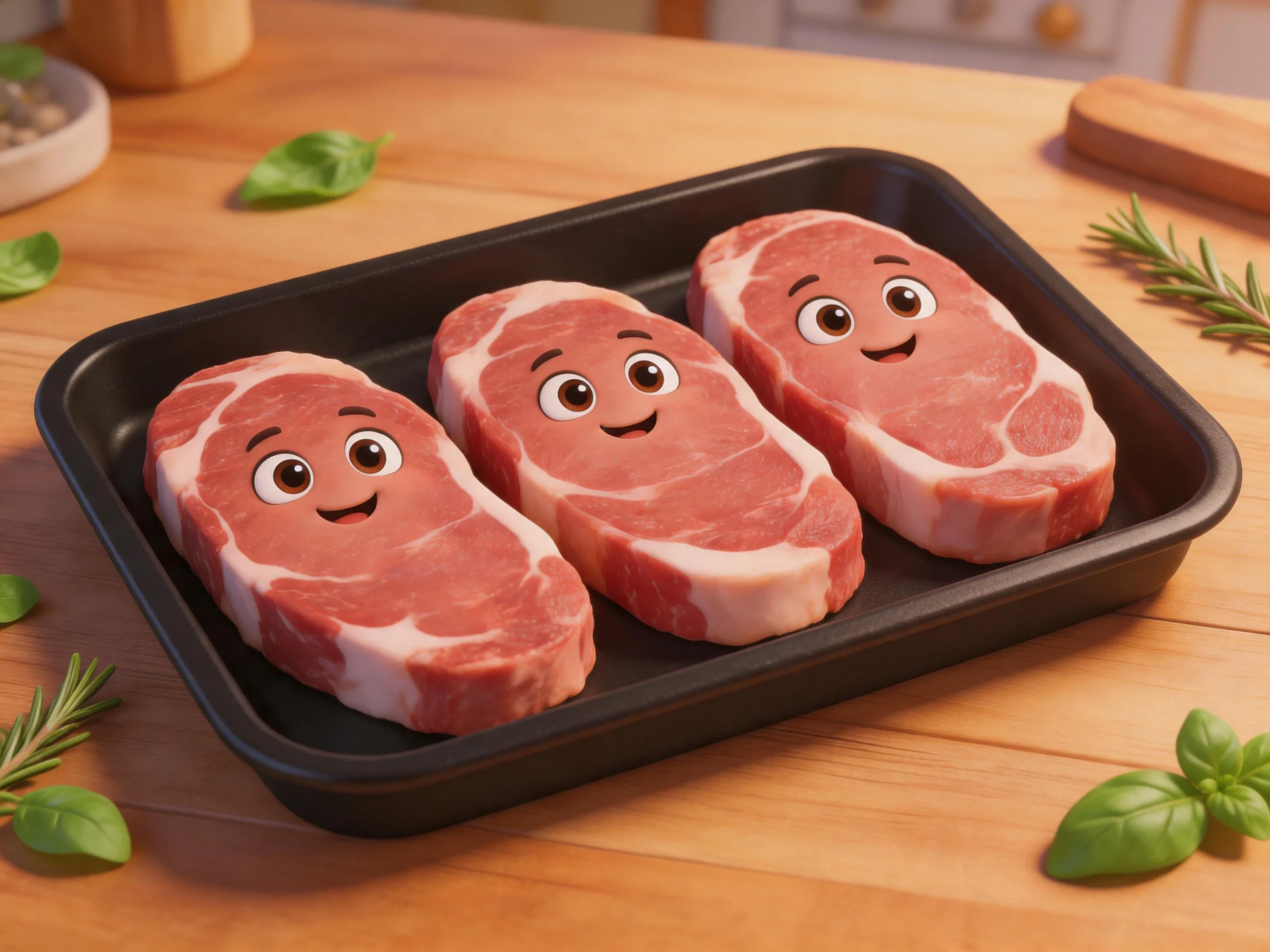 Three cartoon pork steaks with smiling faces in a black tray on a wooden table