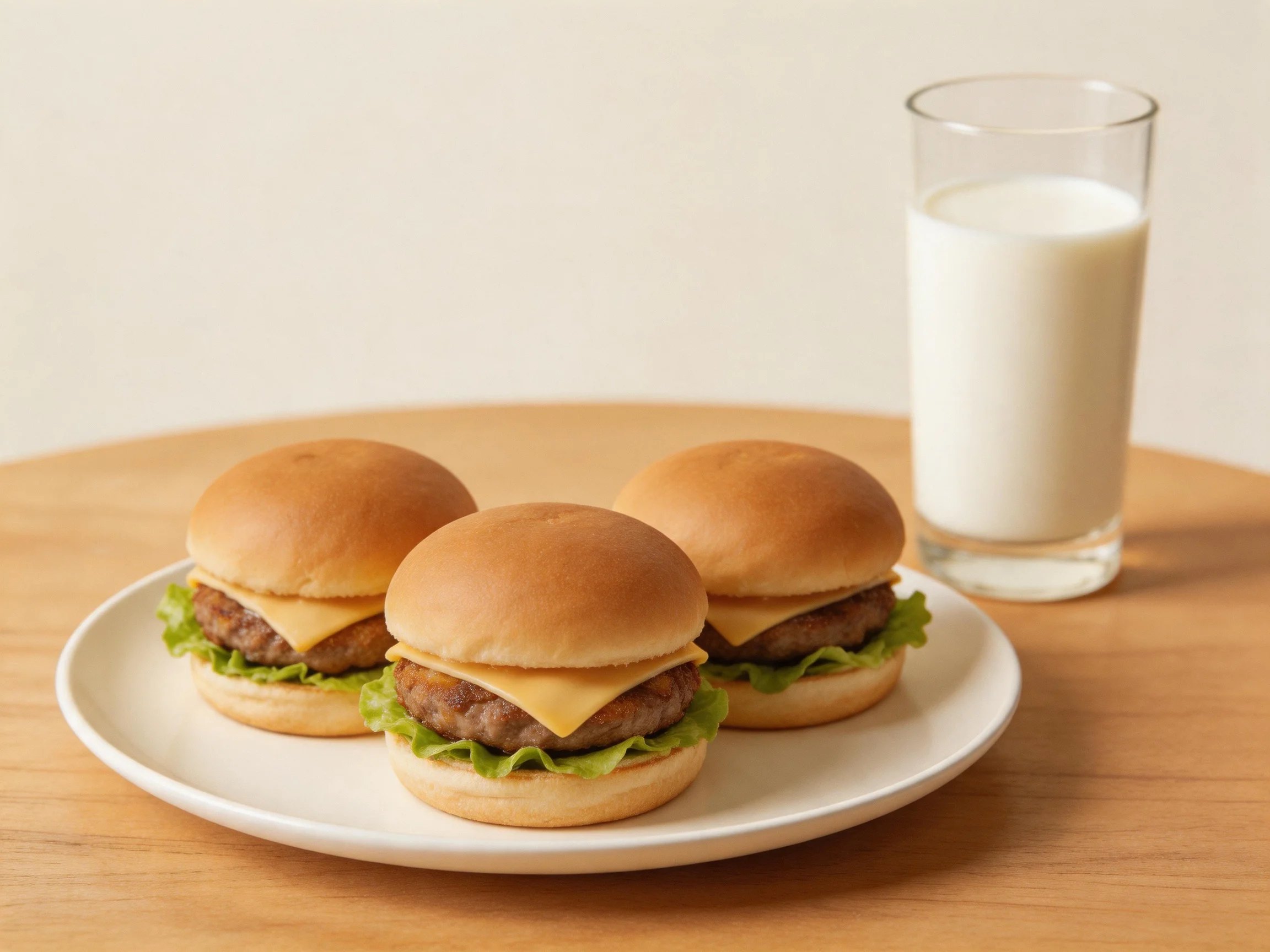 Three cheeseburger sliders on a white plate with a glass of milk