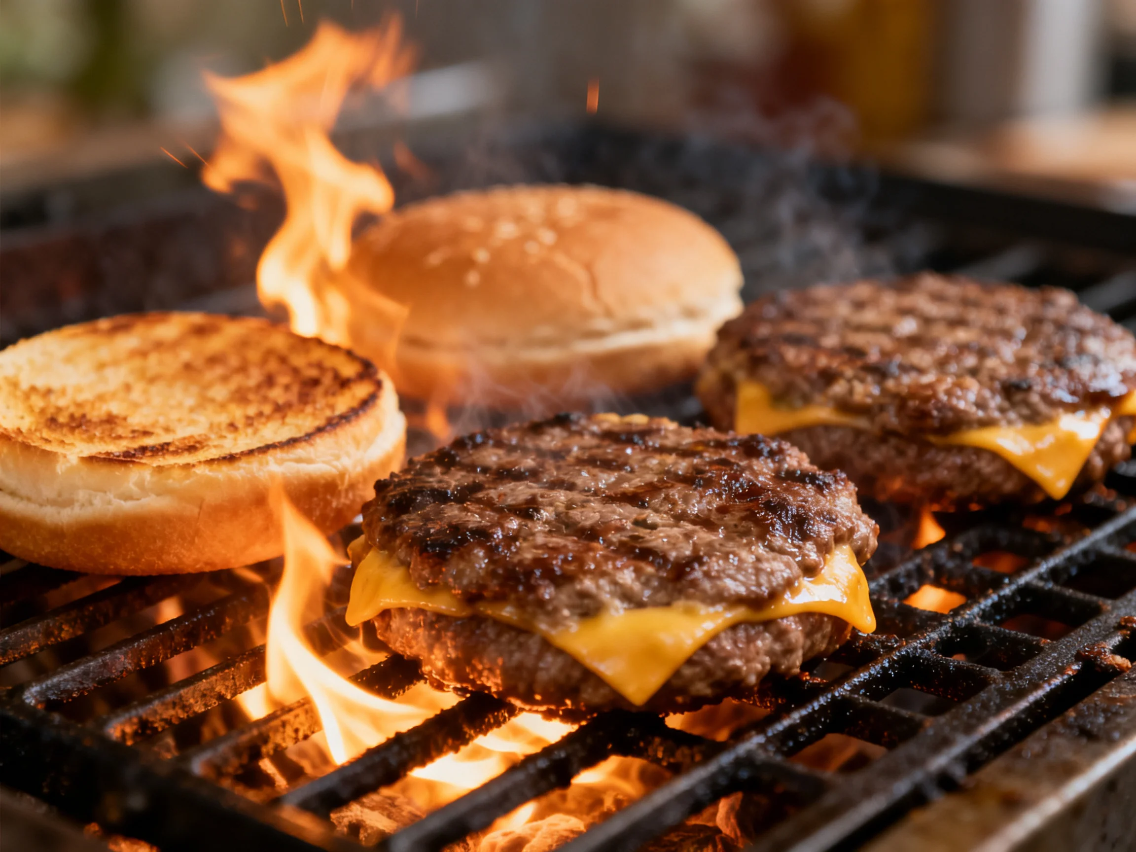Cheeseburgers and toasted buns are grilled over an open flame.