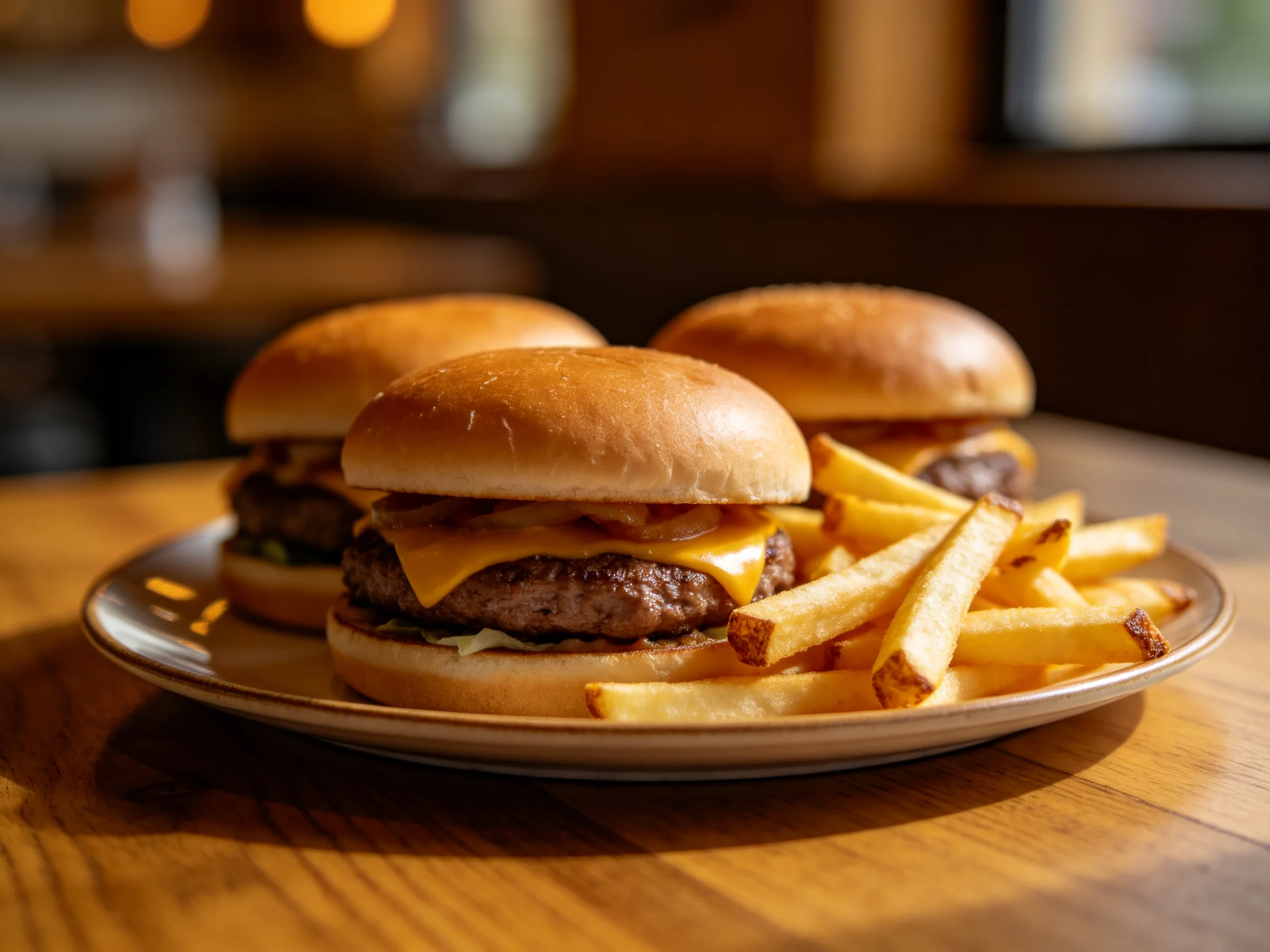 Three cheeseburgers with golden fries on a wooden table