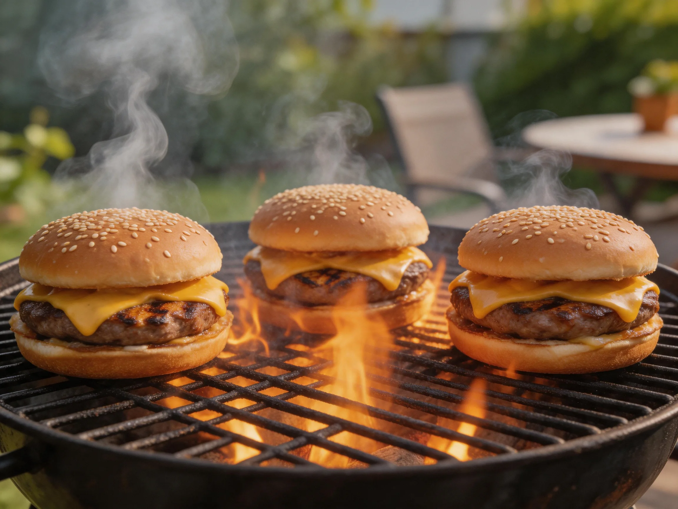 Three cheeseburgers with melted cheese cook over flaming barbecue grill