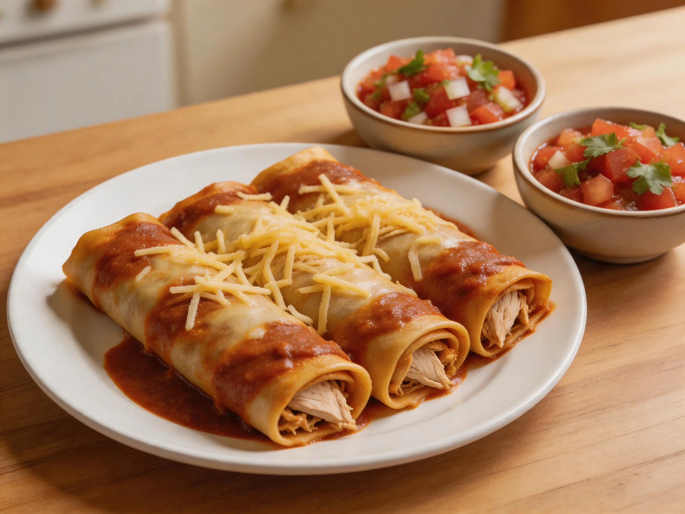 Three cheesy enchiladas with red sauce on a white plate beside two salsa bowls