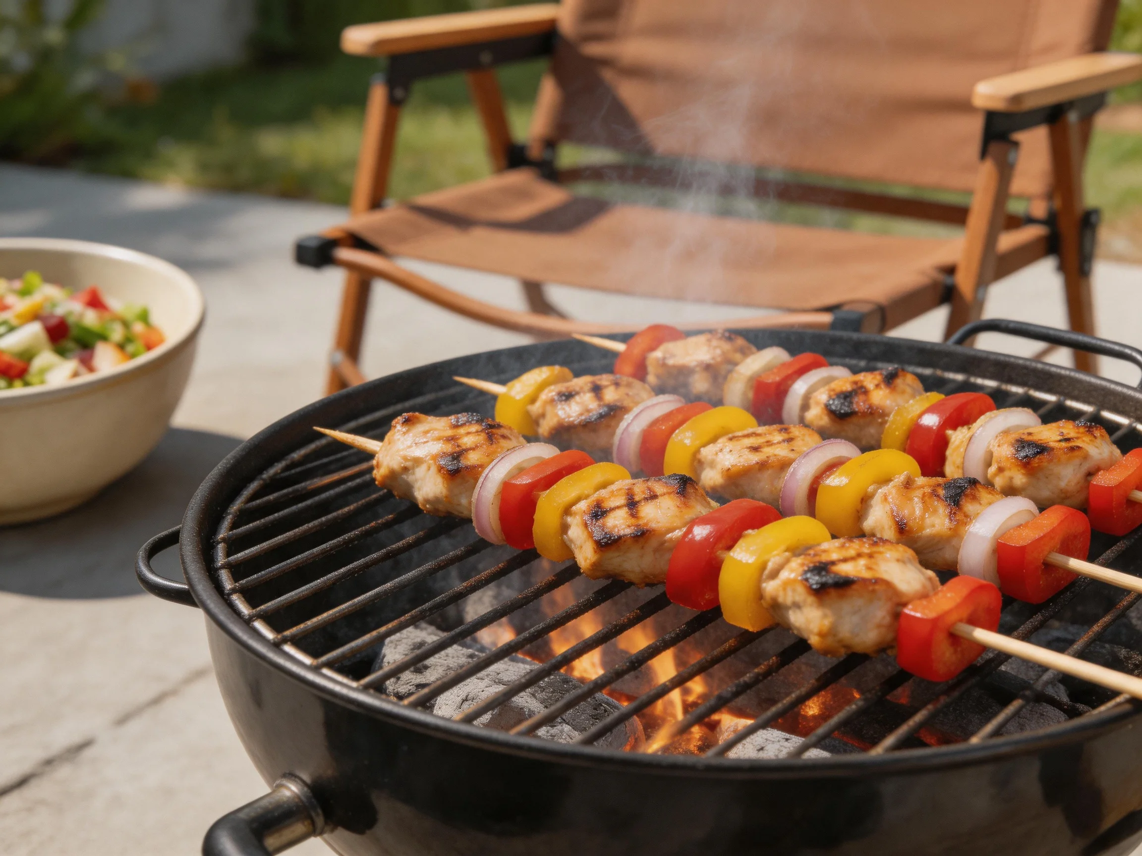 Three chicken kebabs grill over charcoal near a brown folding chair
