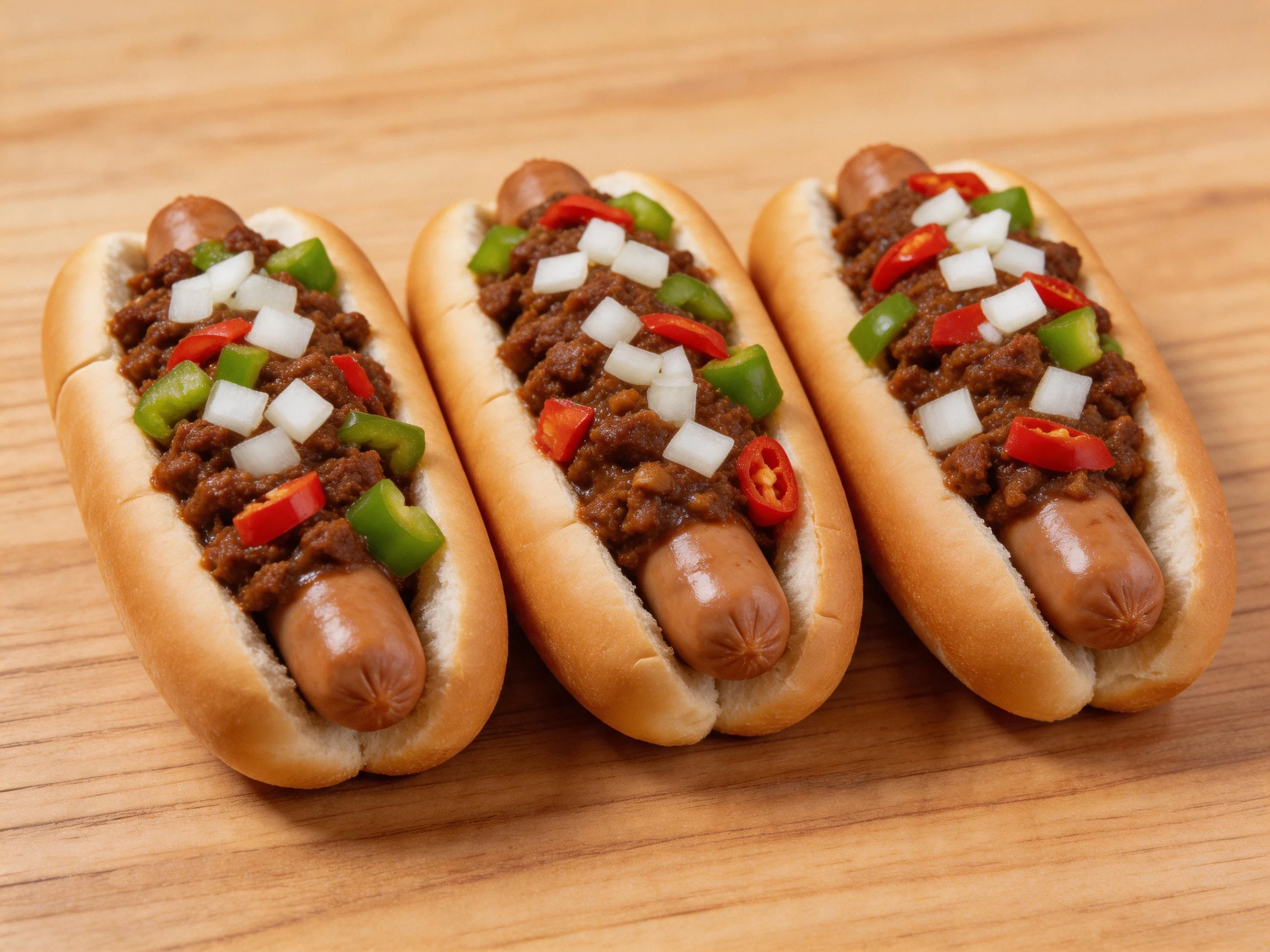 Three chili dogs topped with diced onions, green, and red peppers